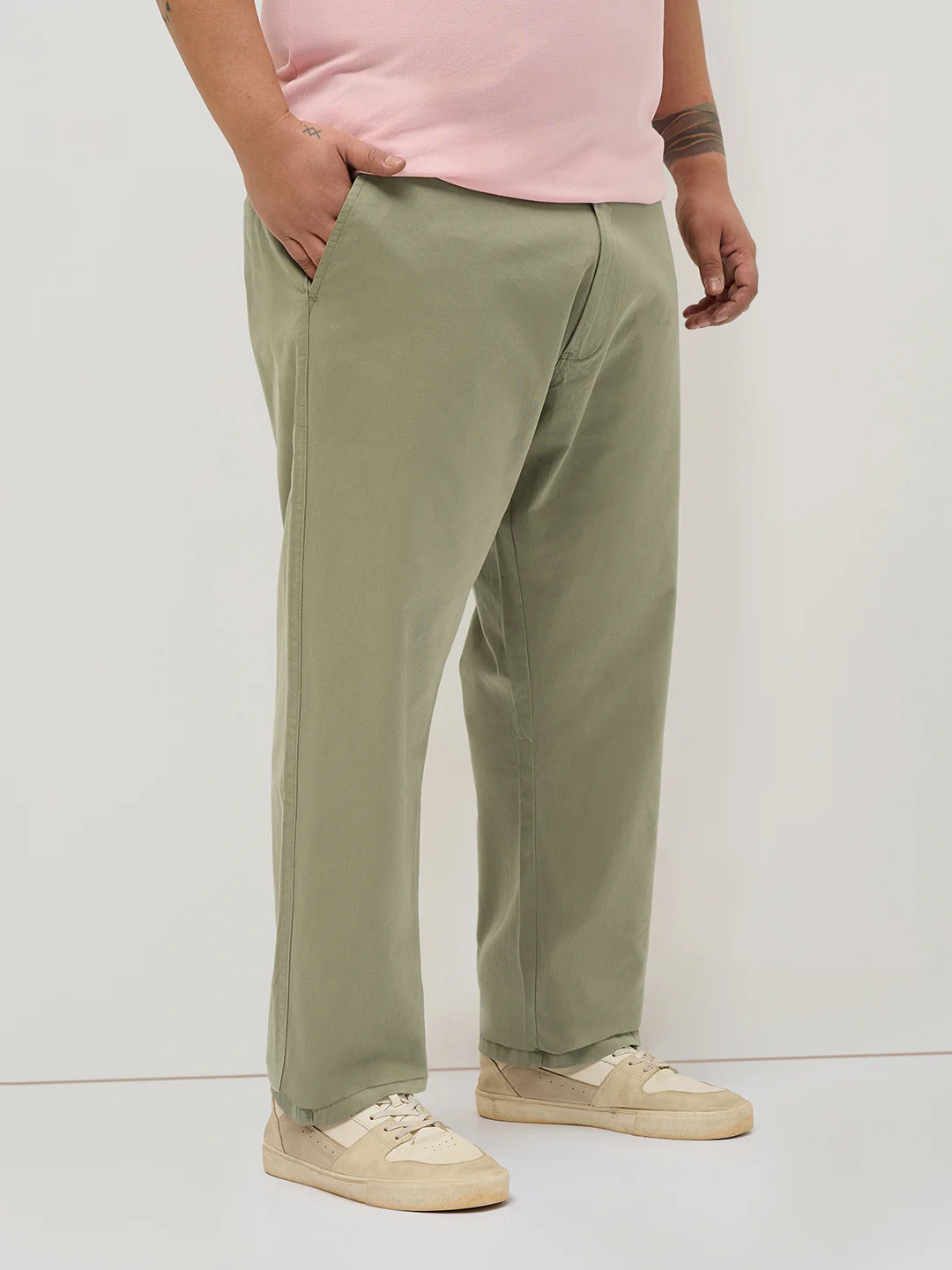 Plus Men's Light Olive Straight Fit Mid Rise Cotton Casual Chinos Trousers Stretch - Image 2