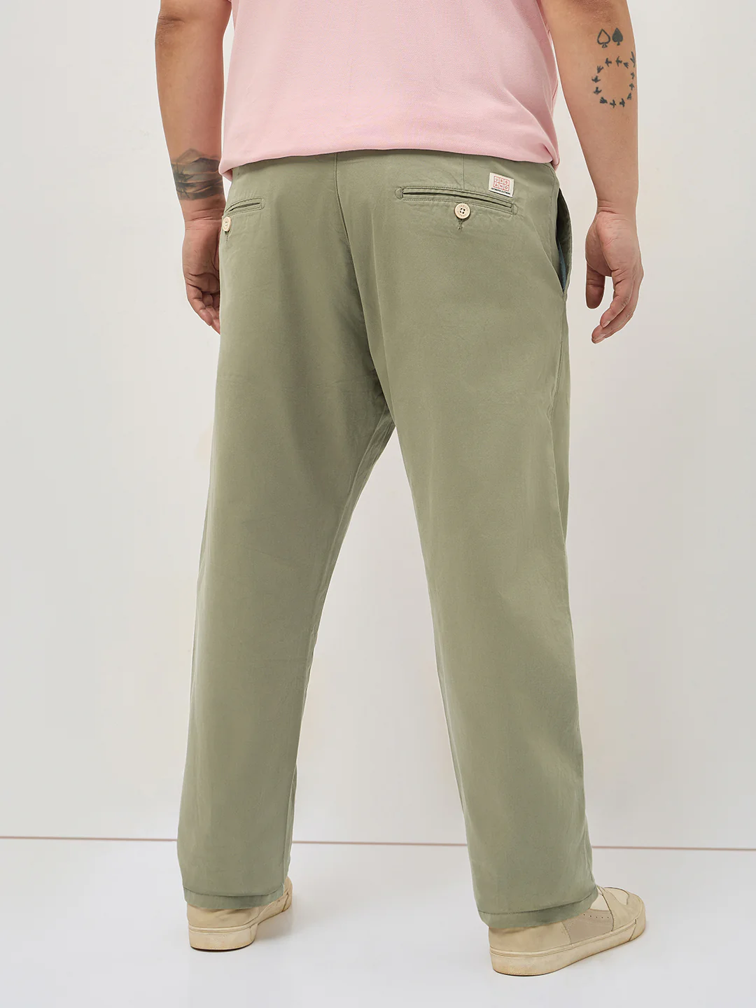 Plus Men's Light Olive Straight Fit Mid Rise Cotton Casual Chinos Trousers Stretch - Image 3
