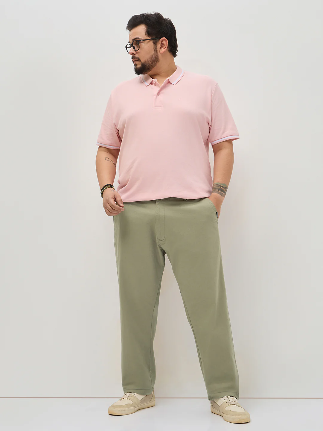 Plus Men's Light Olive Straight Fit Mid Rise Cotton Casual Chinos Trousers Stretch - Image 4