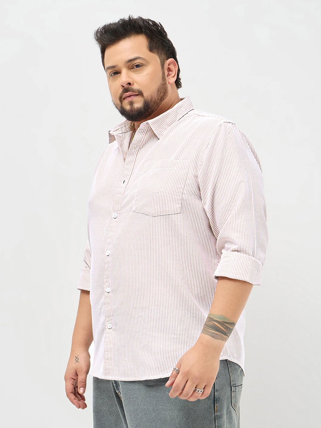 Plus Men's Light Pink Cotton Full Sleeve Regular Fit Casual Striped Shirt - Image 3