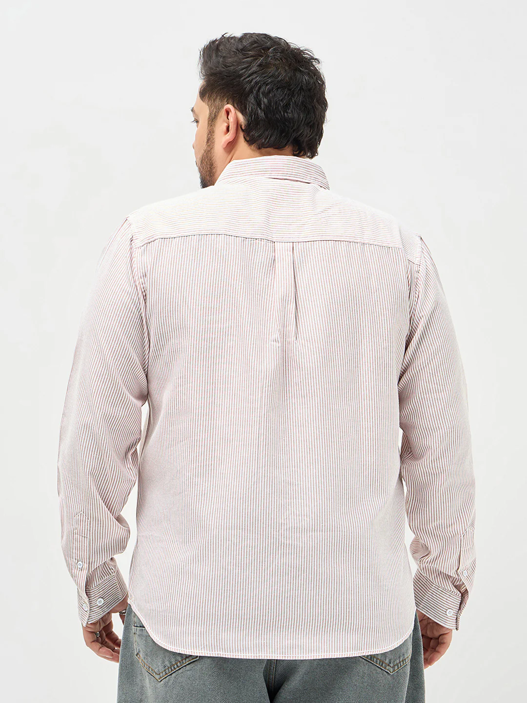 Plus Men's Light Pink Cotton Full Sleeve Regular Fit Casual Striped Shirt - Image 4