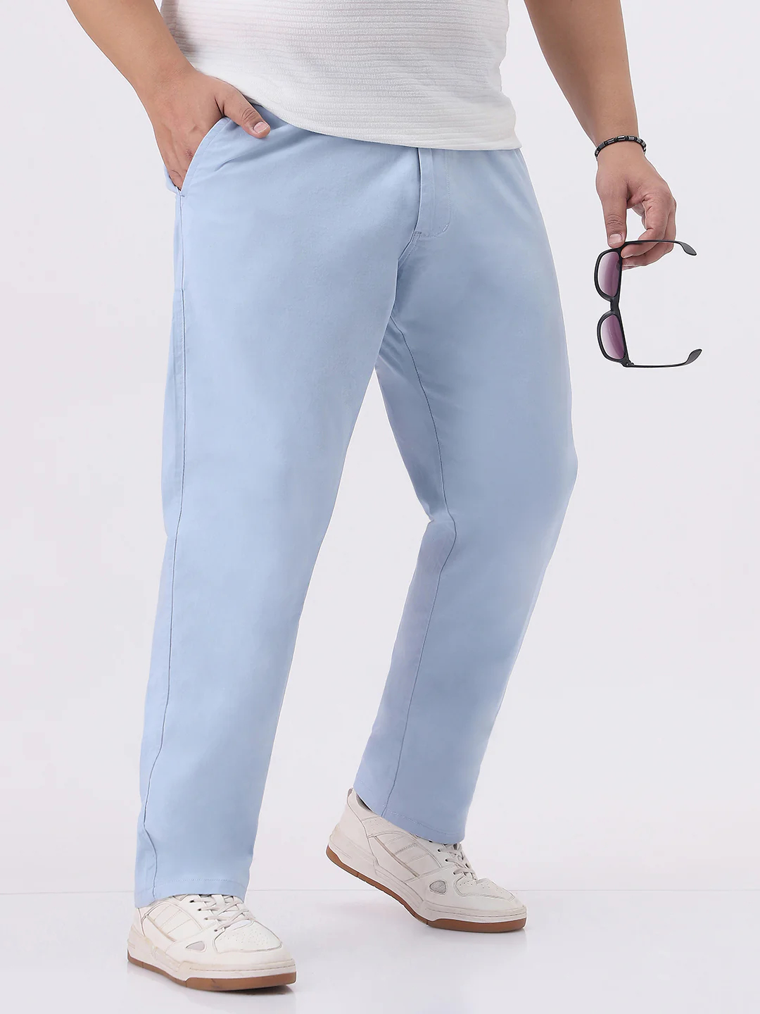 Plus Men's Light Sky Blue Cotton Regular Fit Casual Chinos Trousers Stretch