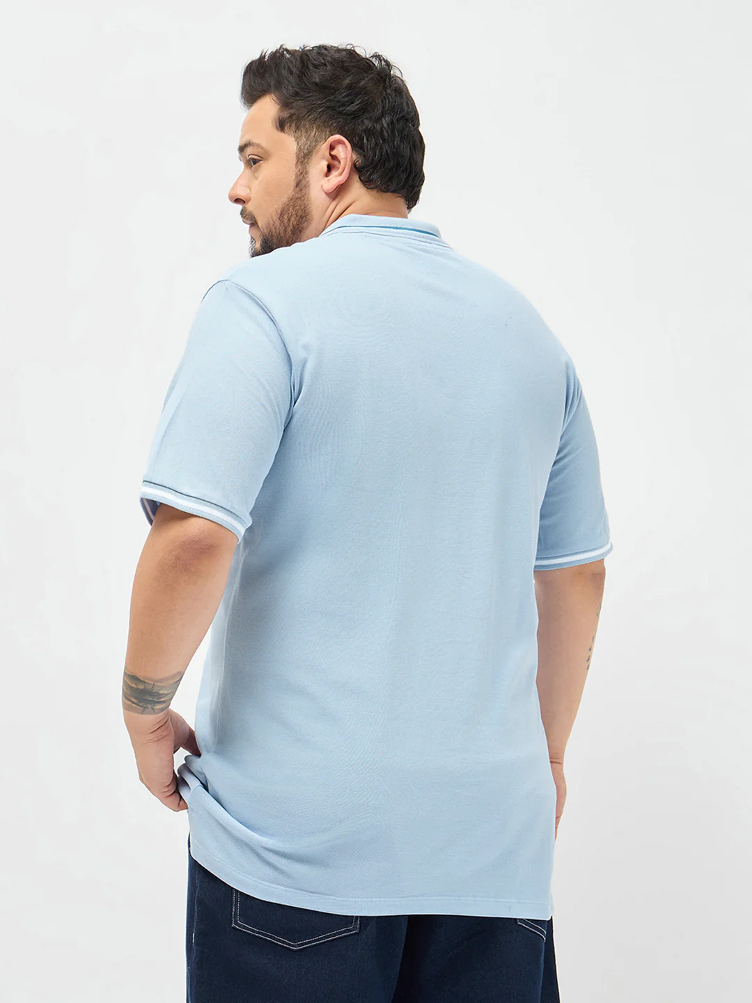 Plus Men's Light Sky Blue Solid Regular Fit Half Sleeve Cotton Polo T-Shirt - Image 3
