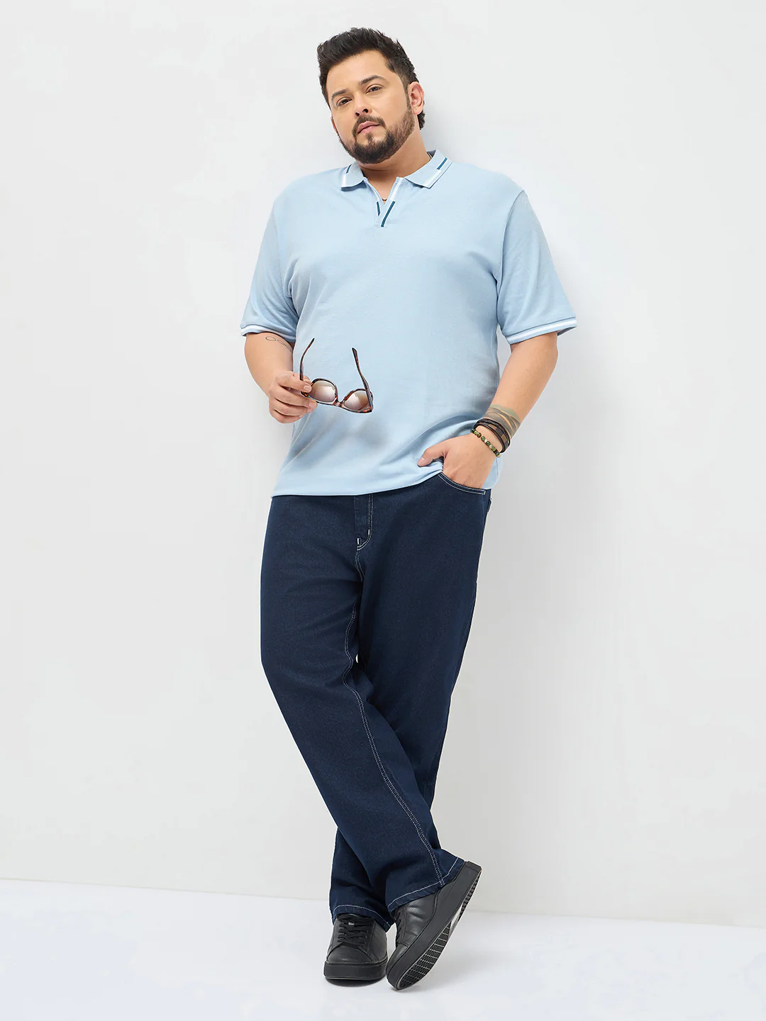 Plus Men's Light Sky Blue Solid Regular Fit Half Sleeve Cotton Polo T-Shirt - Image 4