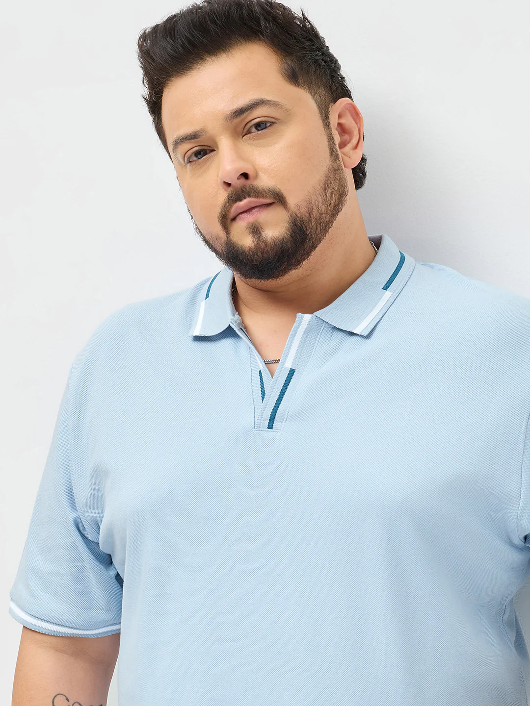 Plus Men's Light Sky Blue Solid Regular Fit Half Sleeve Cotton Polo T-Shirt - Image 5
