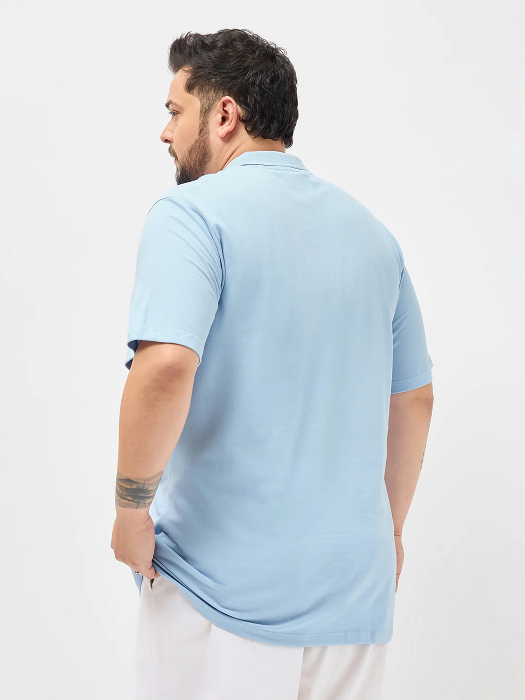 Plus Men's Light Sky Blue Solid Regular Fit Half Sleeve Cotton Polo T-Shirt - Image 3