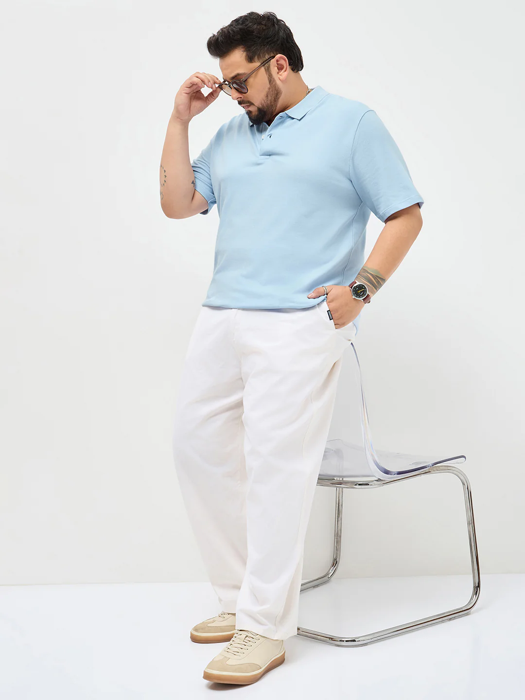 Plus Men's Light Sky Blue Solid Regular Fit Half Sleeve Cotton Polo T-Shirt - Image 4