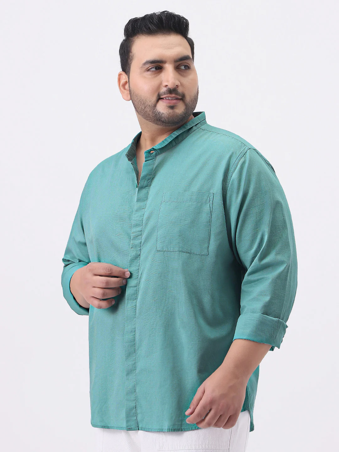 Plus Men's Light Teal Cotton Full Sleeve Regular Fit Casual Solid Shirt with Band Collar - Image 2