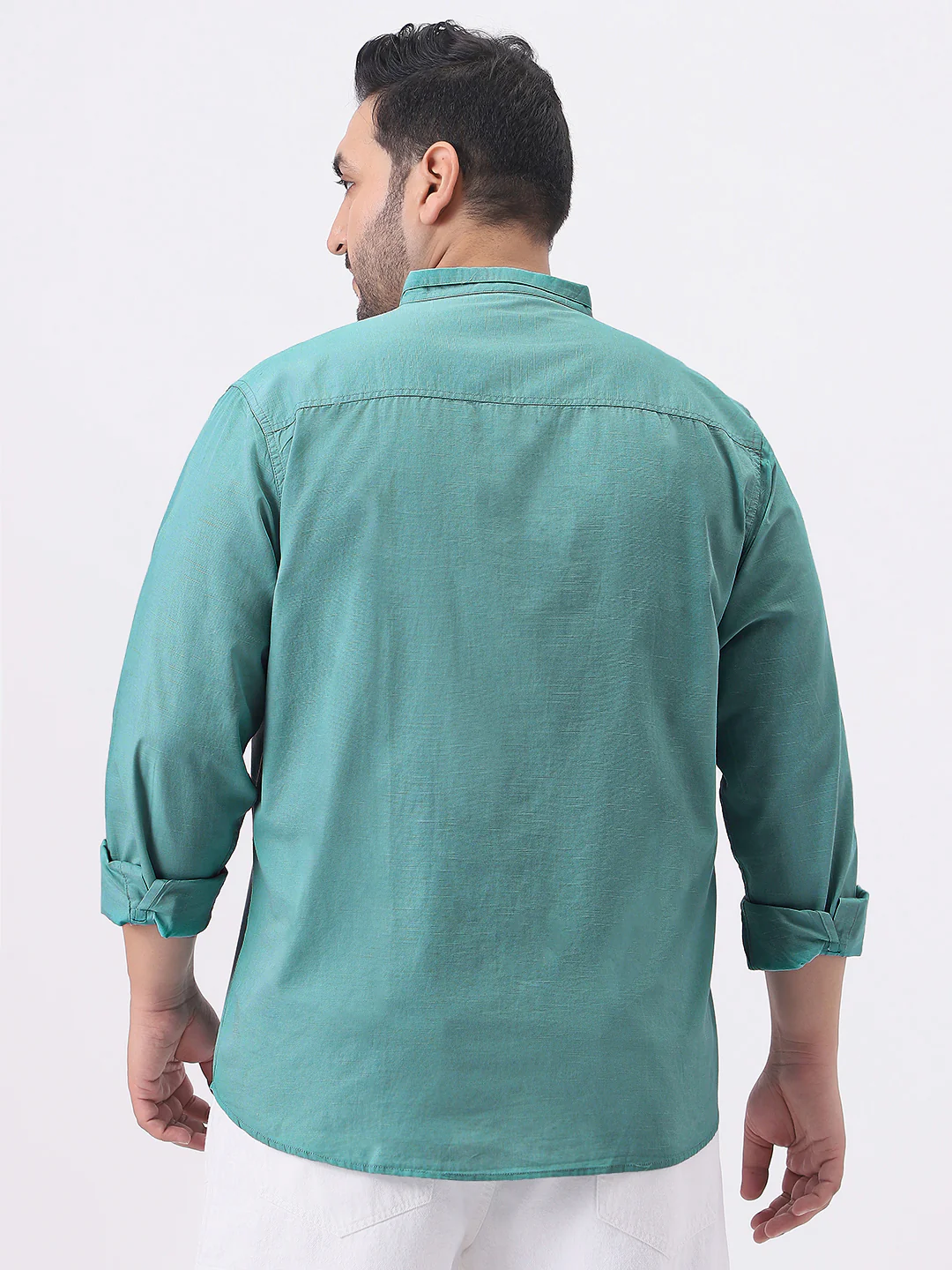 Plus Men's Light Teal Cotton Full Sleeve Regular Fit Casual Solid Shirt with Band Collar - Image 3