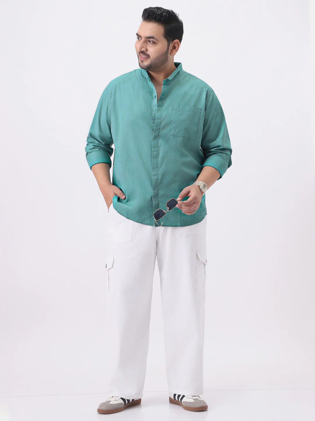Plus Men's Light Teal Cotton Full Sleeve Regular Fit Casual Solid Shirt with Band Collar - Image 4