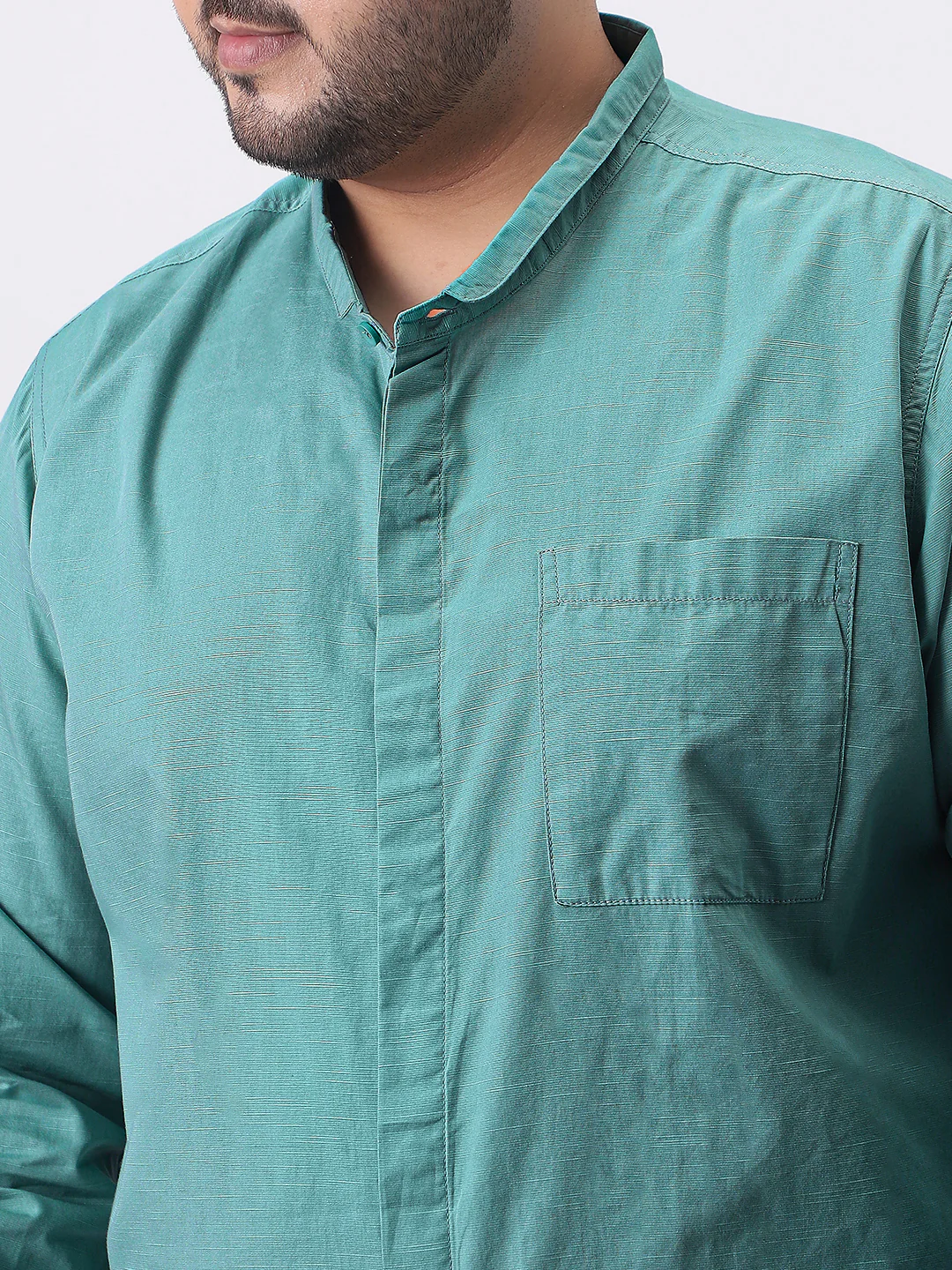 Plus Men's Light Teal Cotton Full Sleeve Regular Fit Casual Solid Shirt with Band Collar - Image 5