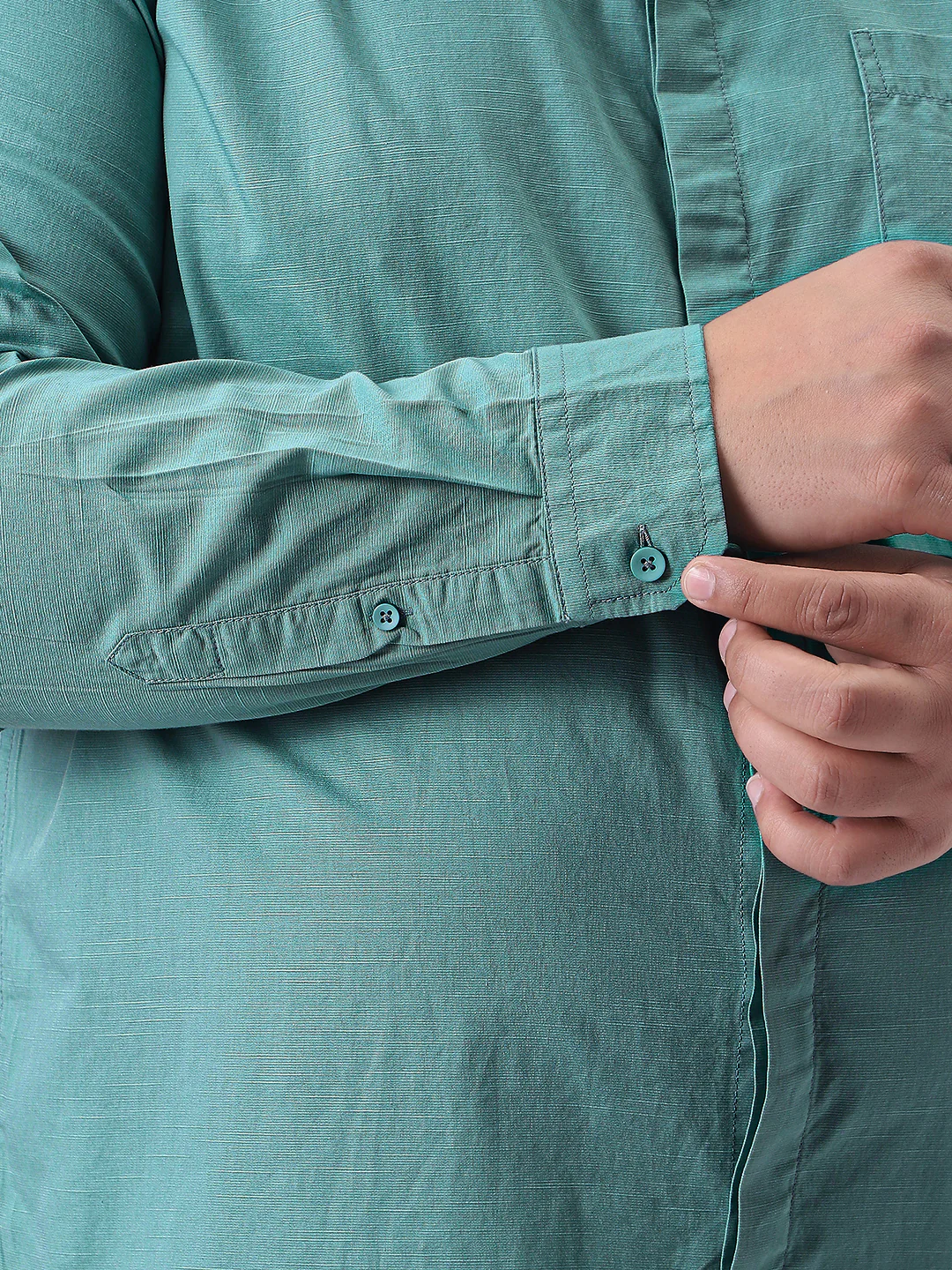 Plus Men's Light Teal Cotton Full Sleeve Regular Fit Casual Solid Shirt with Band Collar - Image 6