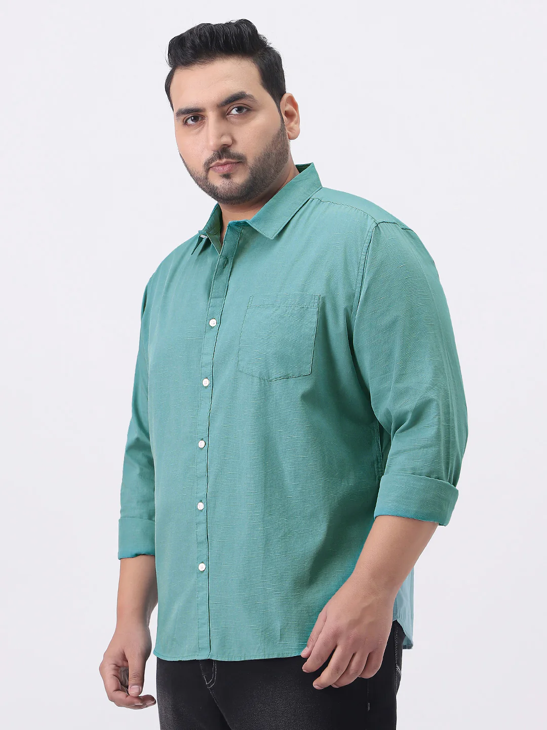 Plus Men's Light Teal Cotton Full Sleeve Regular Fit Casual Solid Slub Shirt with Spread Collar - Image 2