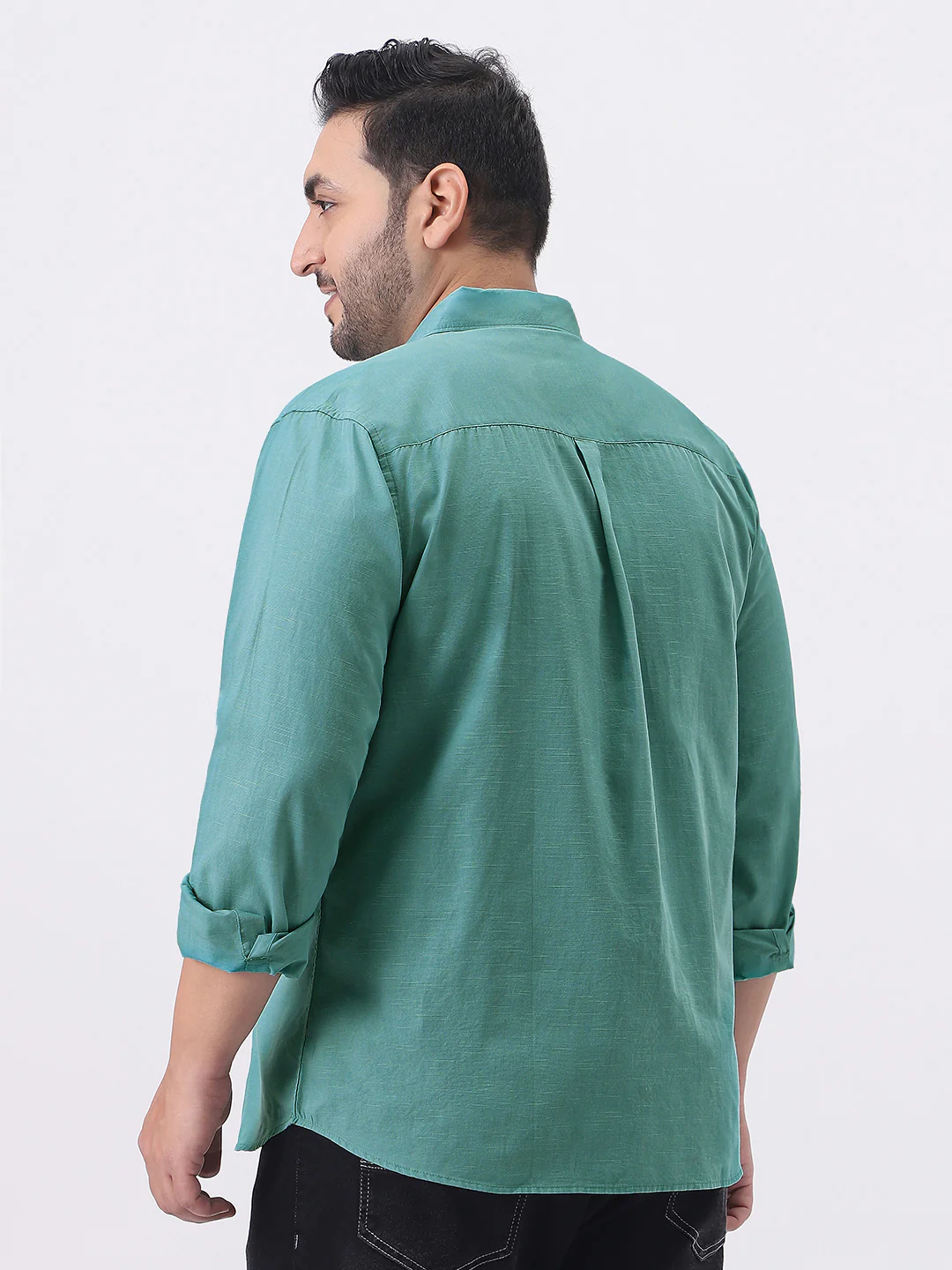 Plus Men's Light Teal Cotton Full Sleeve Regular Fit Casual Solid Slub Shirt with Spread Collar - Image 3