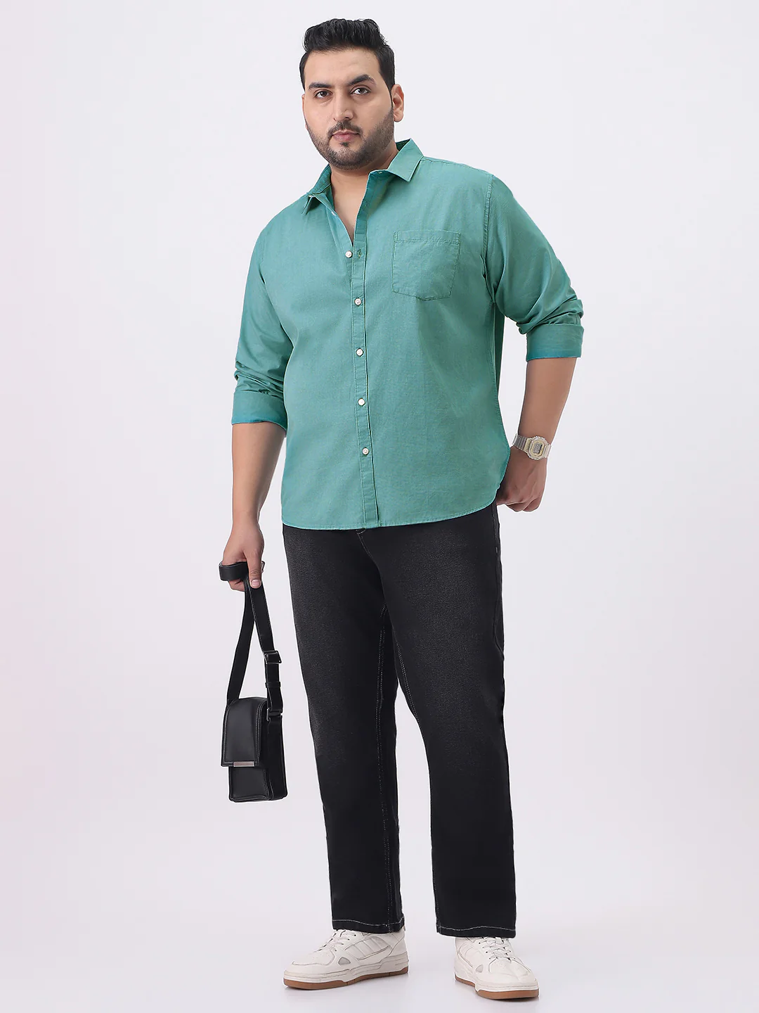 Plus Men's Light Teal Cotton Full Sleeve Regular Fit Casual Solid Slub Shirt with Spread Collar - Image 4