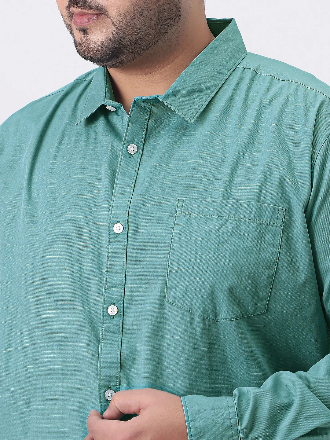 Plus Men's Light Teal Cotton Full Sleeve Regular Fit Casual Solid Slub Shirt with Spread Collar - Image 5