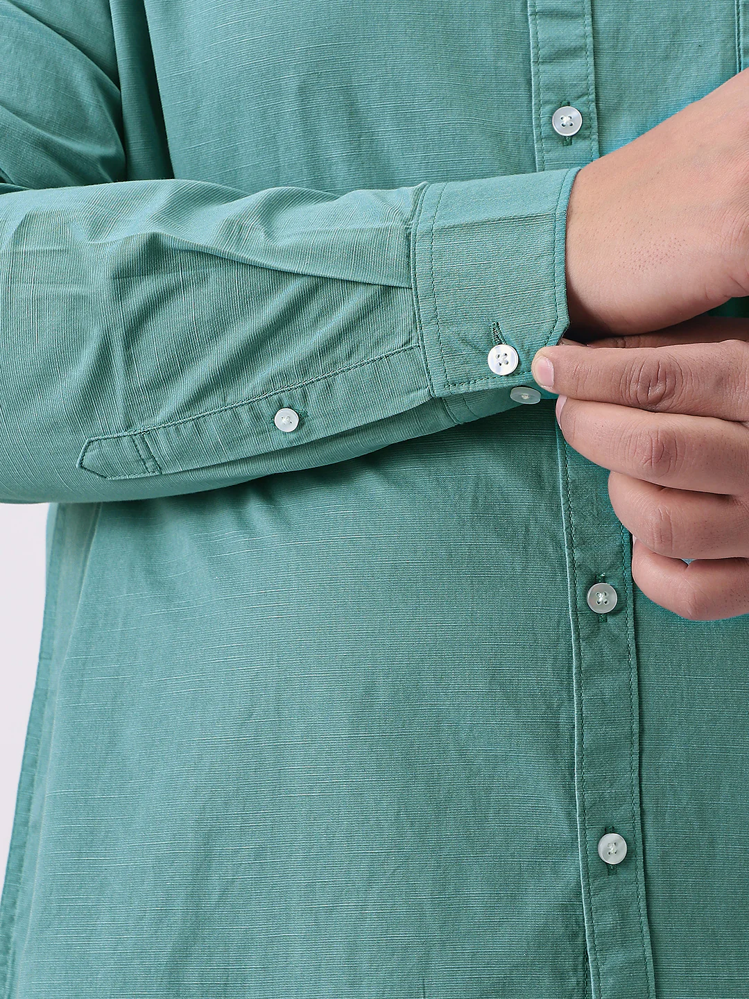 Plus Men's Light Teal Cotton Full Sleeve Regular Fit Casual Solid Slub Shirt with Spread Collar - Image 6