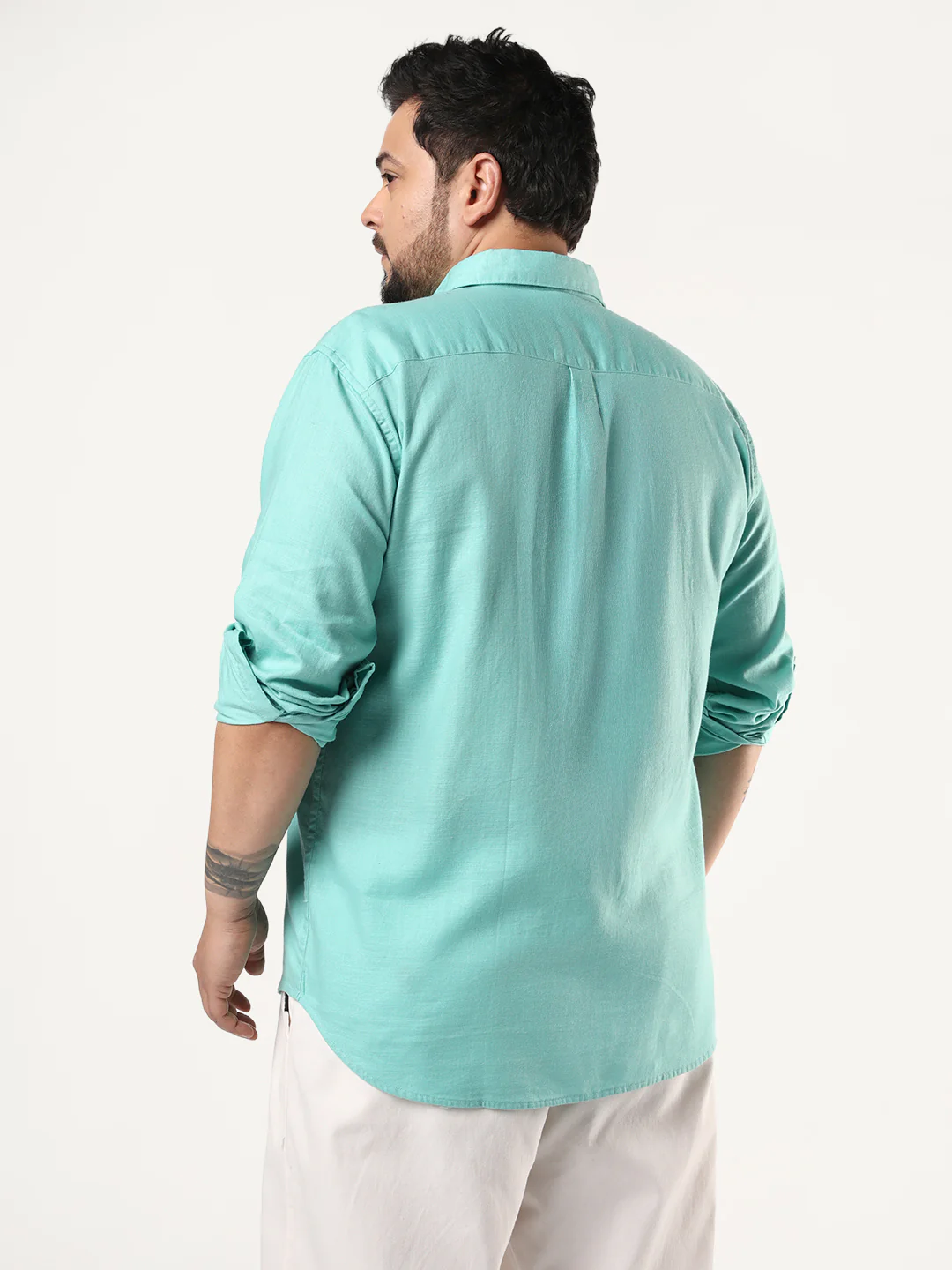 Plus Men's Light Teal Linen Blend Full Sleeve Relaxed Fit Casual Solid Shirt - Image 3