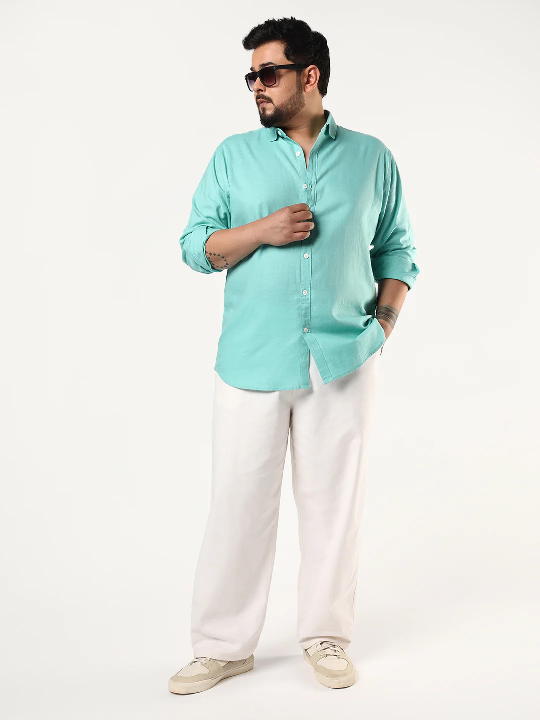 Plus Men's Light Teal Linen Blend Full Sleeve Relaxed Fit Casual Solid Shirt - Image 4