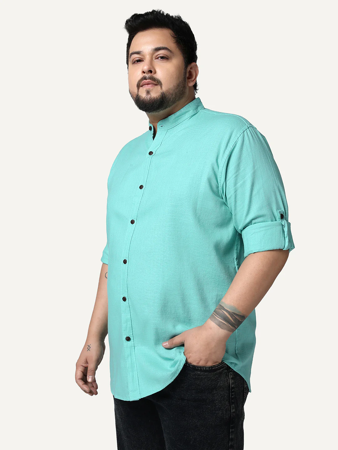 Plus Men's Light Teal Linen Blend Full Sleeve Relaxed Fit Mandarin Collar Casual Solid Shirt - Image 2