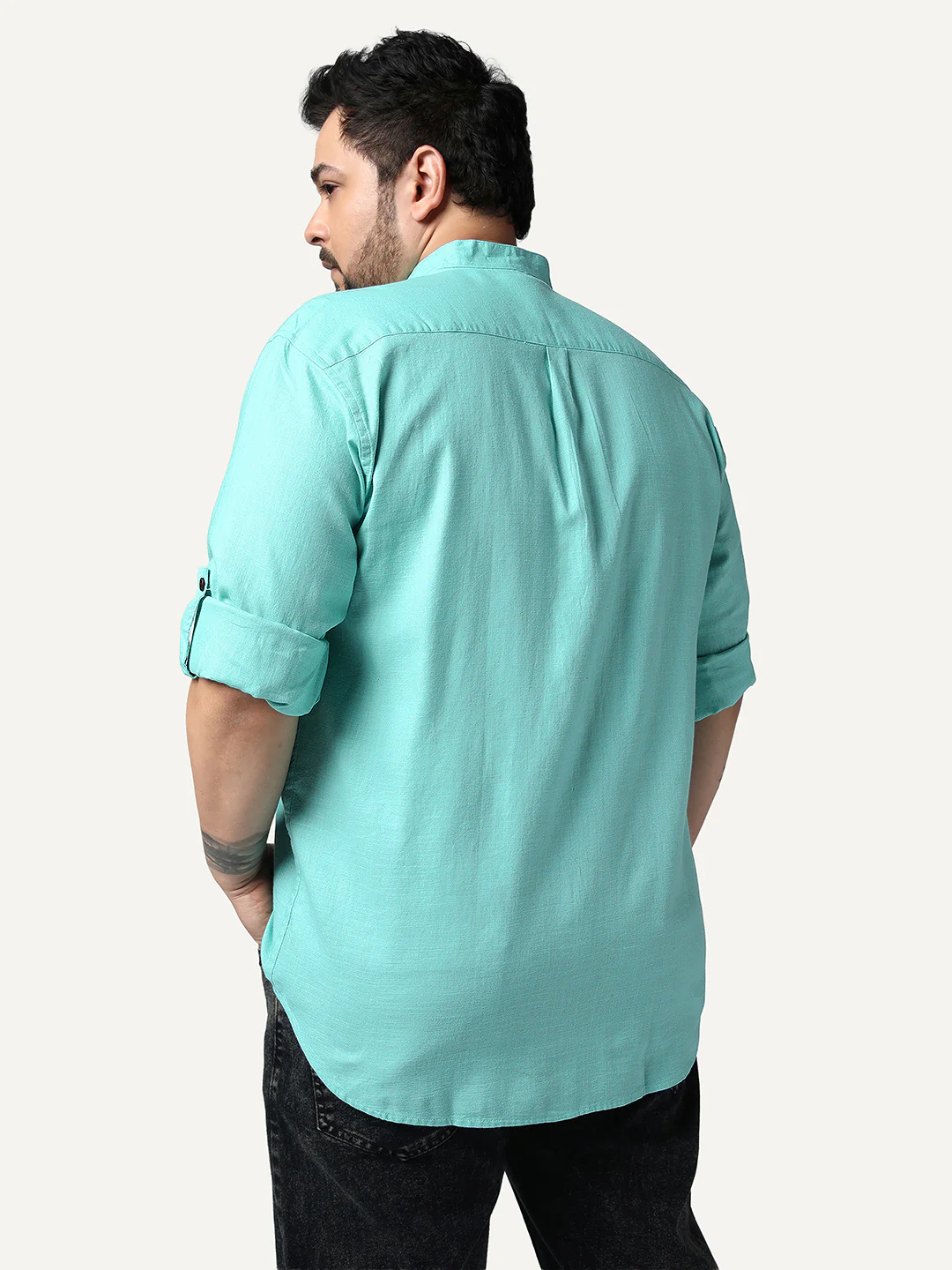Plus Men's Light Teal Linen Blend Full Sleeve Relaxed Fit Mandarin Collar Casual Solid Shirt - Image 3