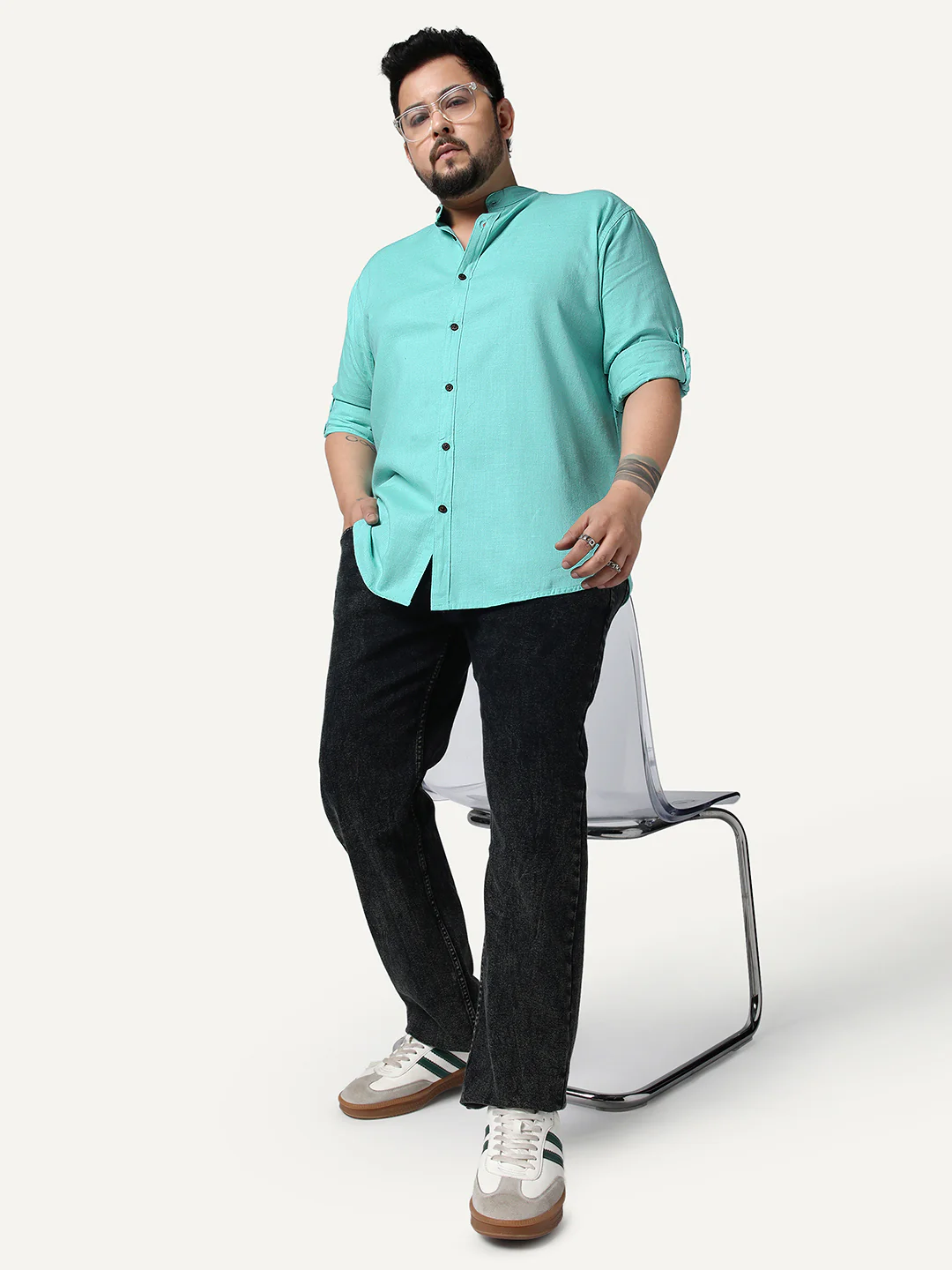 Plus Men's Light Teal Linen Blend Full Sleeve Relaxed Fit Mandarin Collar Casual Solid Shirt - Image 4