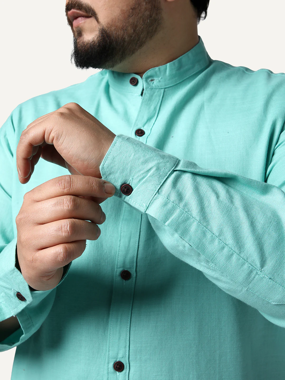 Plus Men's Light Teal Linen Blend Full Sleeve Relaxed Fit Mandarin Collar Casual Solid Shirt - Image 5