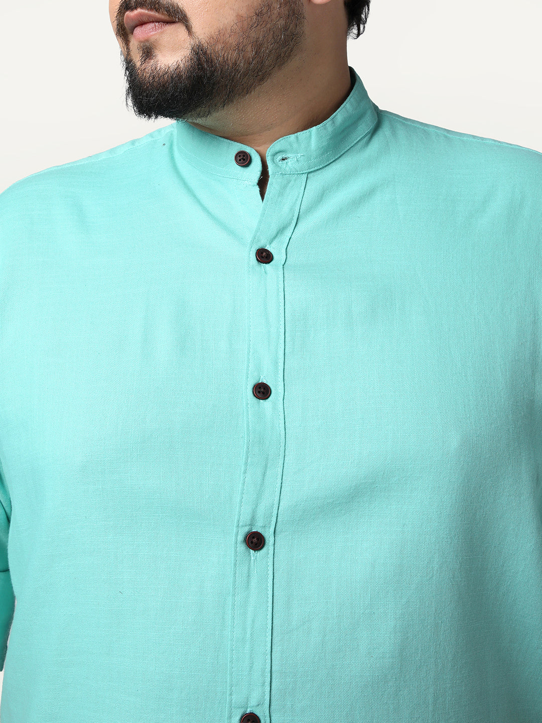 Plus Men's Light Teal Linen Blend Full Sleeve Relaxed Fit Mandarin Collar Casual Solid Shirt - Image 6