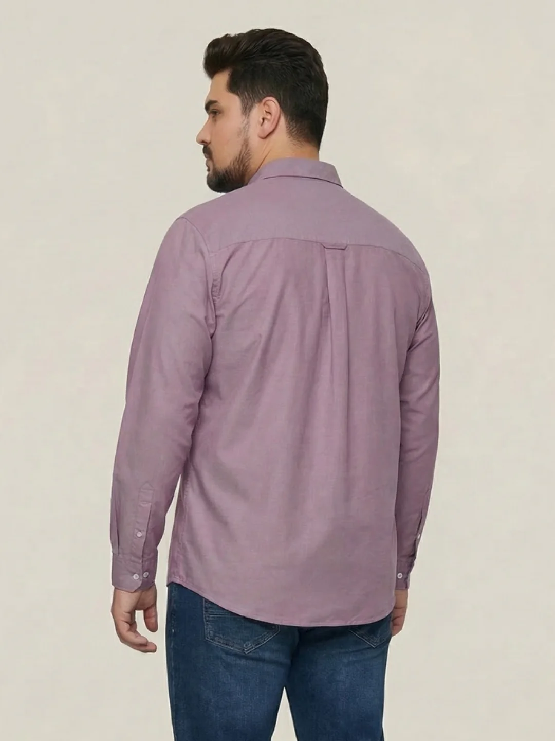 Plus Men's Lilac Cotton Full Sleeve Regular Fit Solid Oxford Shirt With Button-Down Collar - Image 3