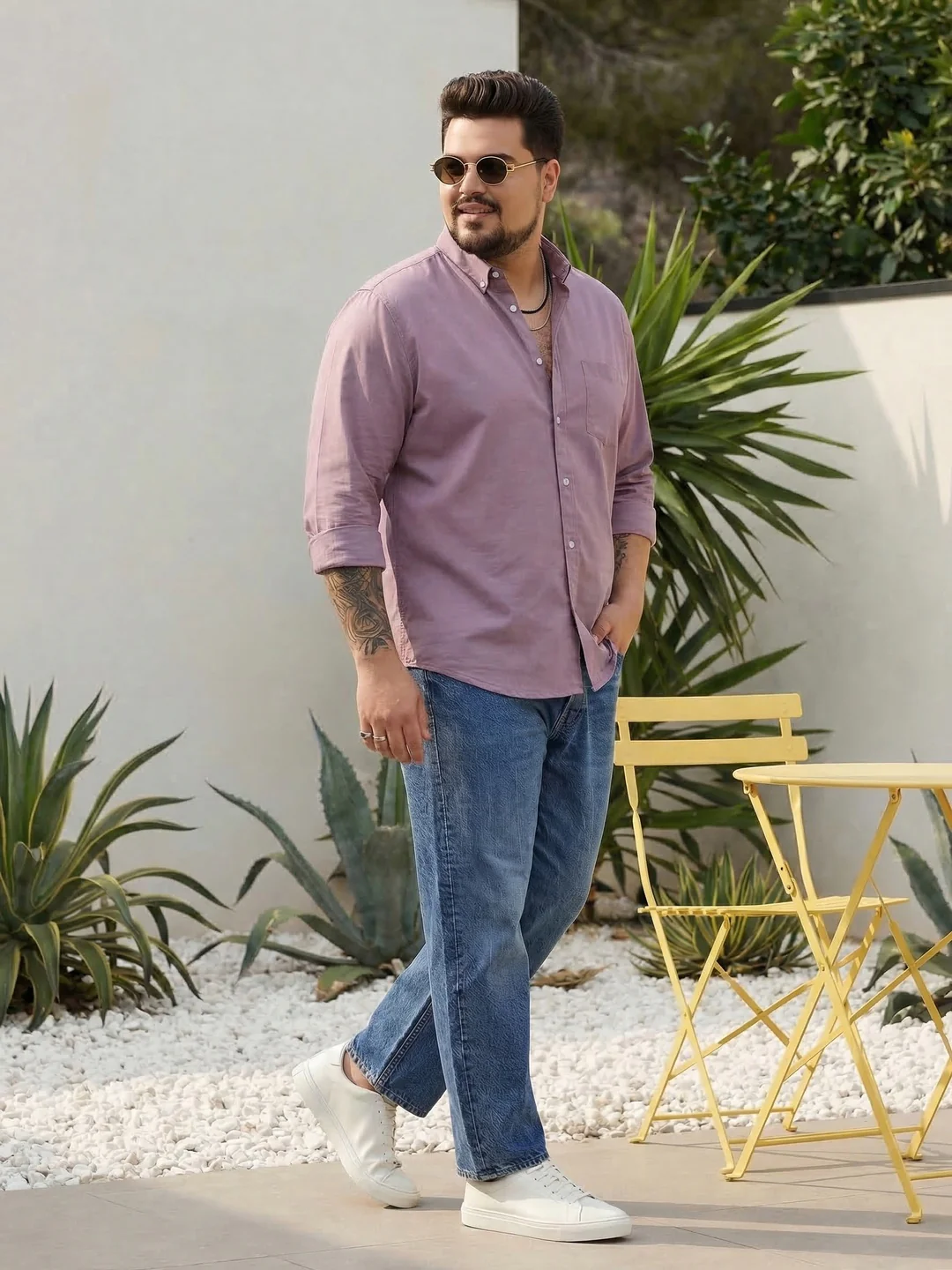 Plus Men's Lilac Cotton Full Sleeve Regular Fit Solid Oxford Shirt With Button-Down Collar - Image 4