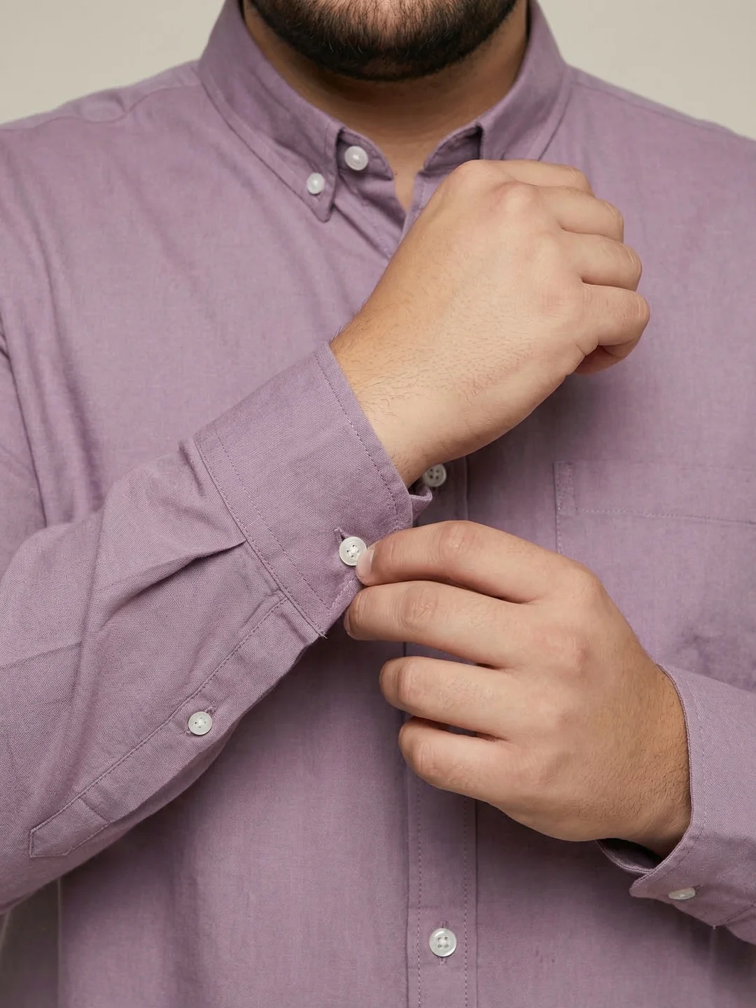 Plus Men's Lilac Cotton Full Sleeve Regular Fit Solid Oxford Shirt With Button-Down Collar - Image 5