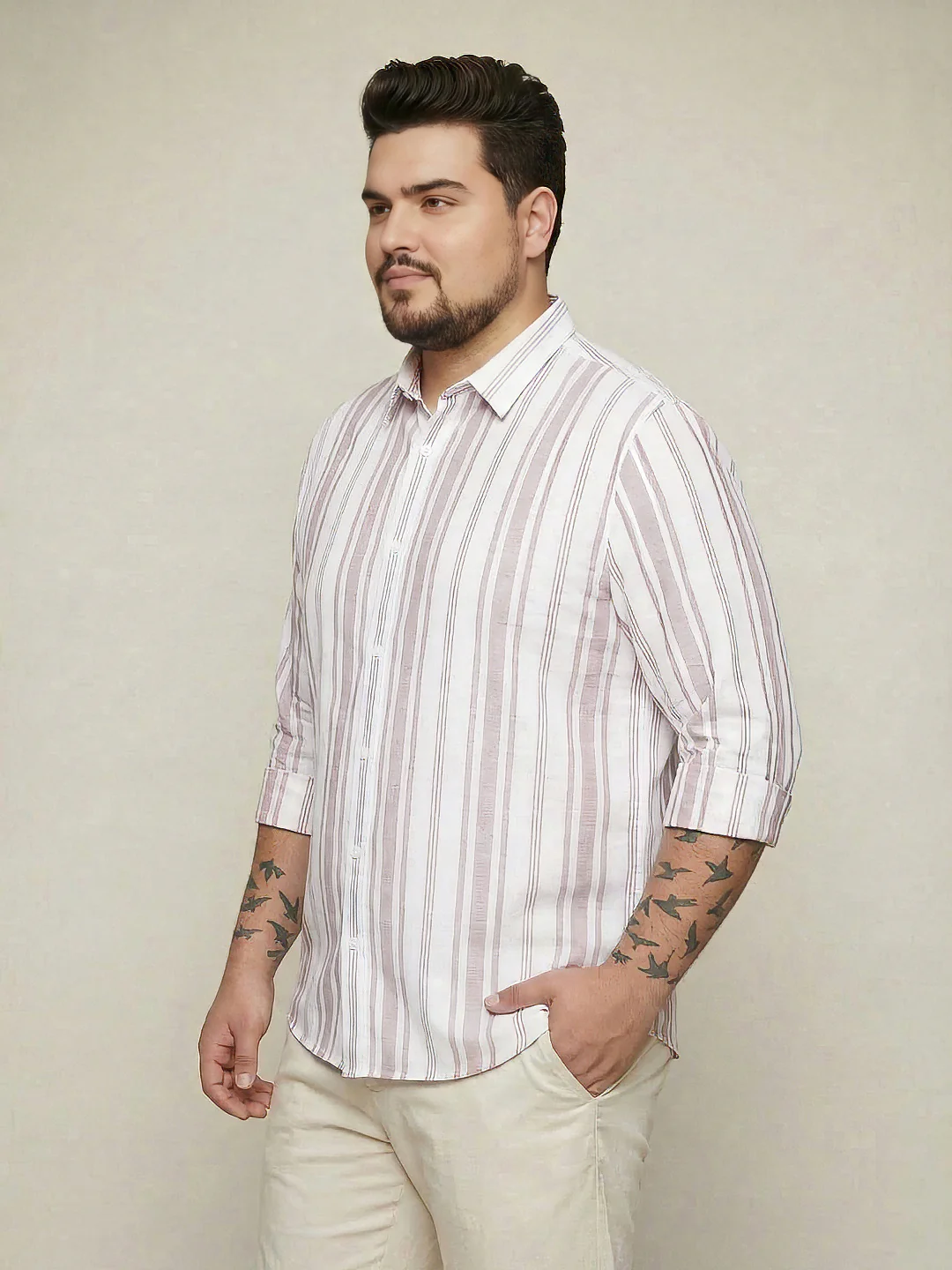Plus Men's Lilac Cotton Full Sleeve Relaxed Fit Linen Striped Shirt with Spread Collar - Image 2