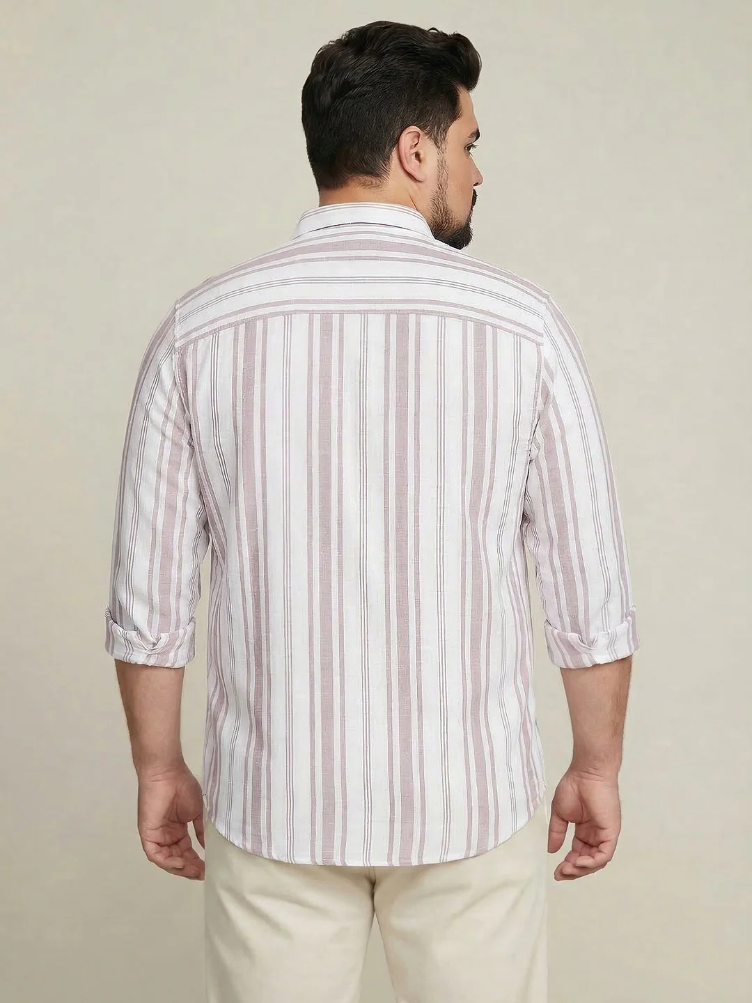Plus Men's Lilac Cotton Full Sleeve Relaxed Fit Linen Striped Shirt with Spread Collar - Image 3