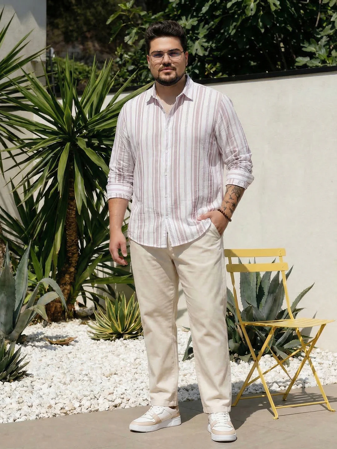 Plus Men's Lilac Cotton Full Sleeve Relaxed Fit Linen Striped Shirt with Spread Collar - Image 4