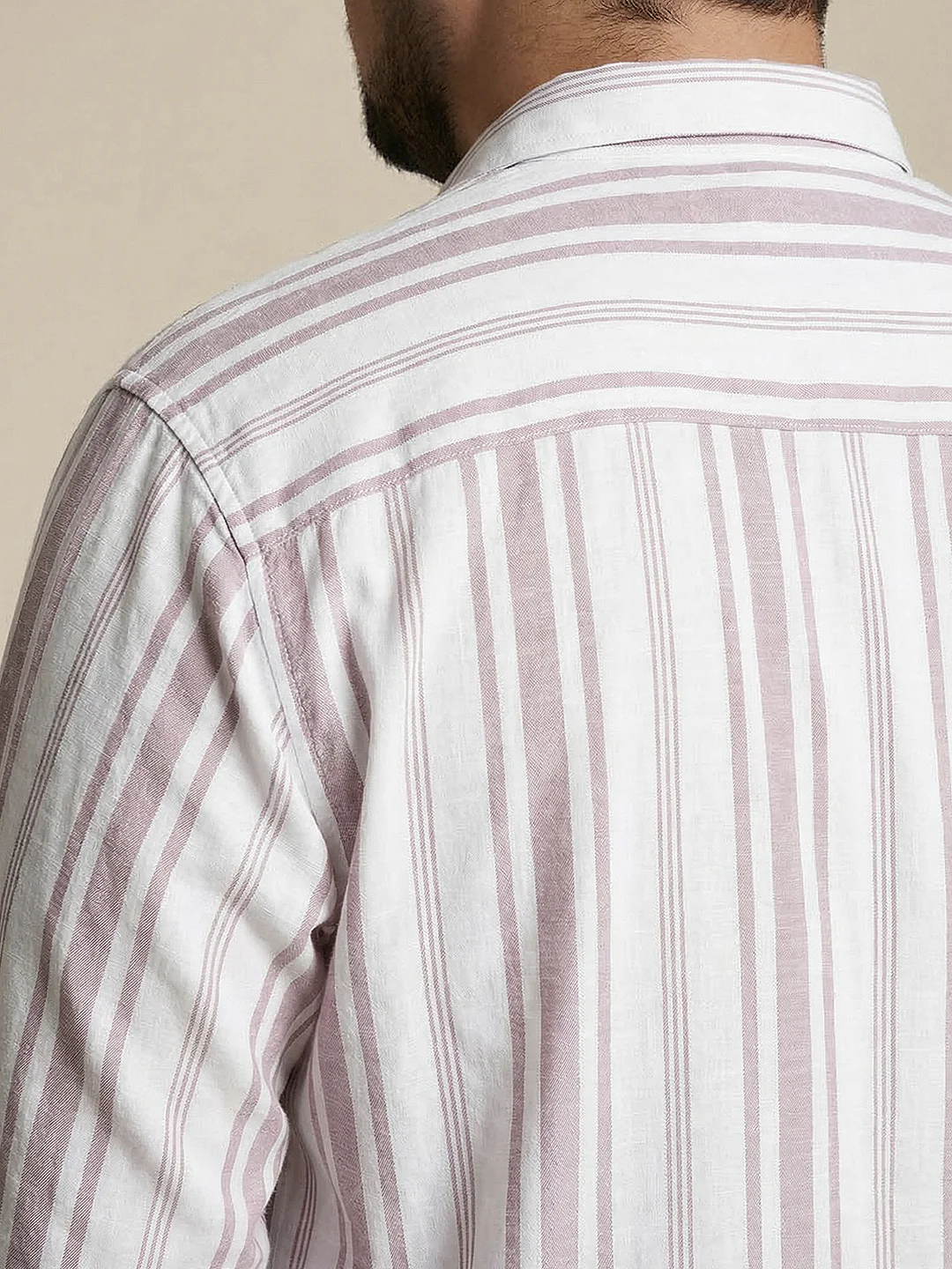 Plus Men's Lilac Cotton Full Sleeve Relaxed Fit Linen Striped Shirt with Spread Collar - Image 5