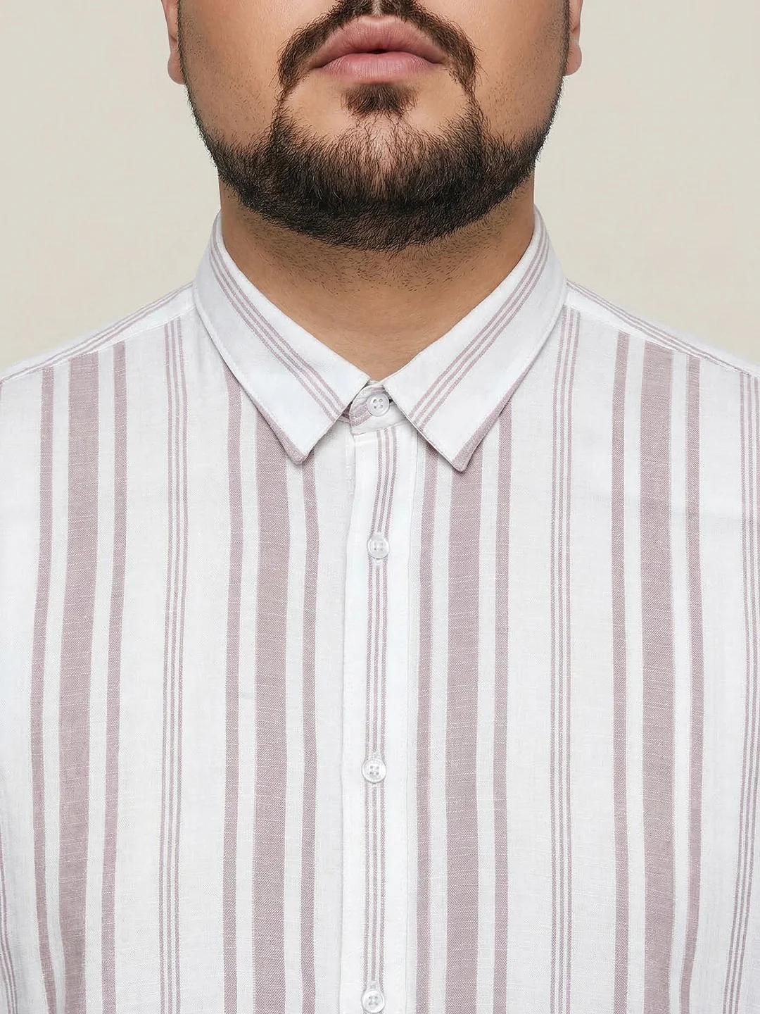 Plus Men's Lilac Cotton Full Sleeve Relaxed Fit Linen Striped Shirt with Spread Collar - Image 6