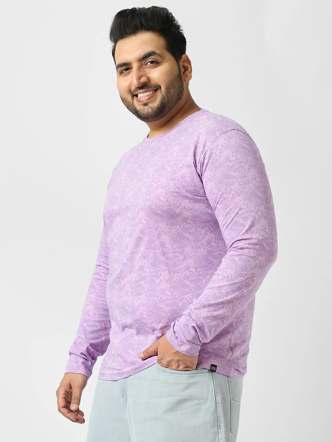Plus Men's Lilac Printed Full Sleeve Regular Fit Cotton T-Shirt - Image 2