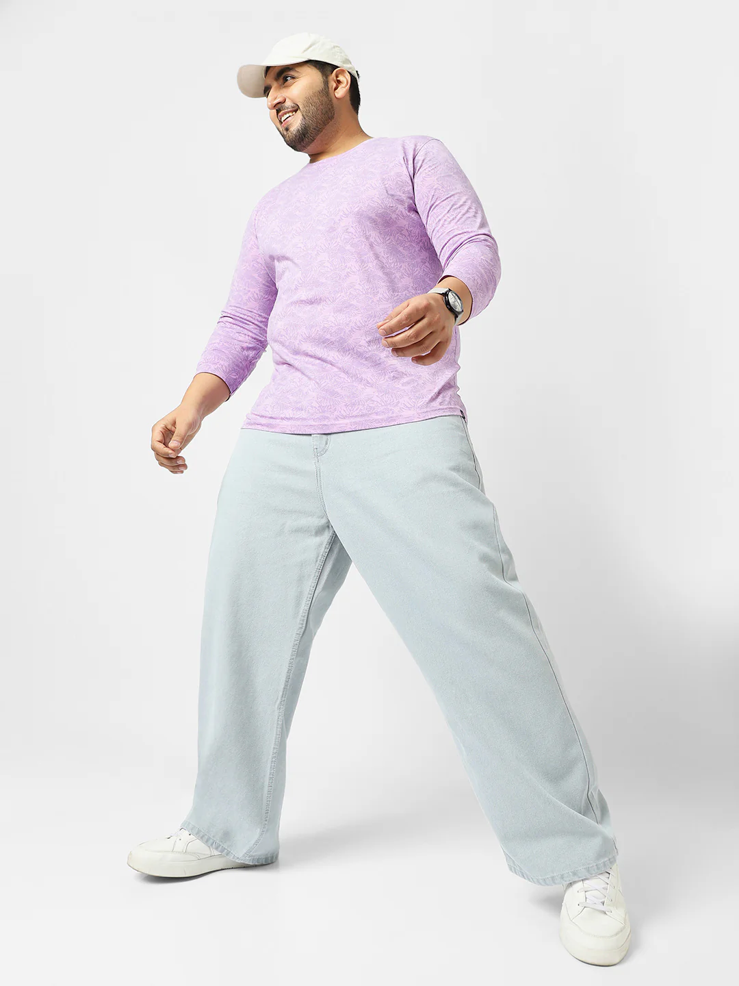 Plus Men's Lilac Printed Full Sleeve Regular Fit Cotton T-Shirt - Image 4