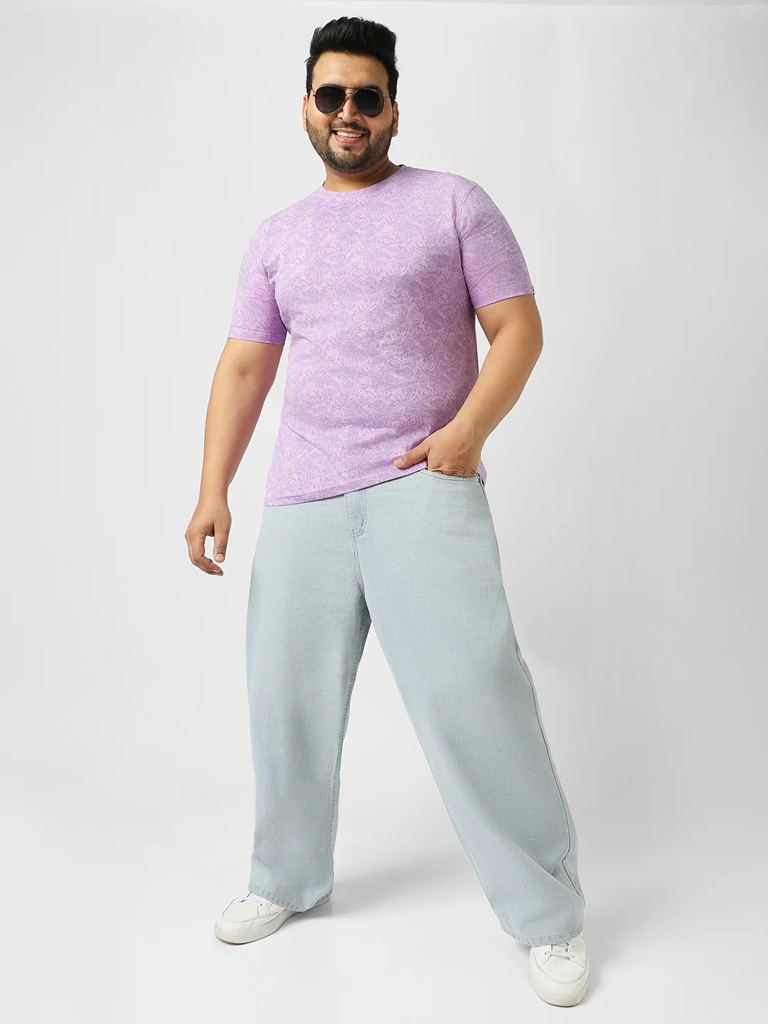 Plus Men's Lilac Printed Half Sleeve Regular Fit Cotton T-Shirt - Image 4