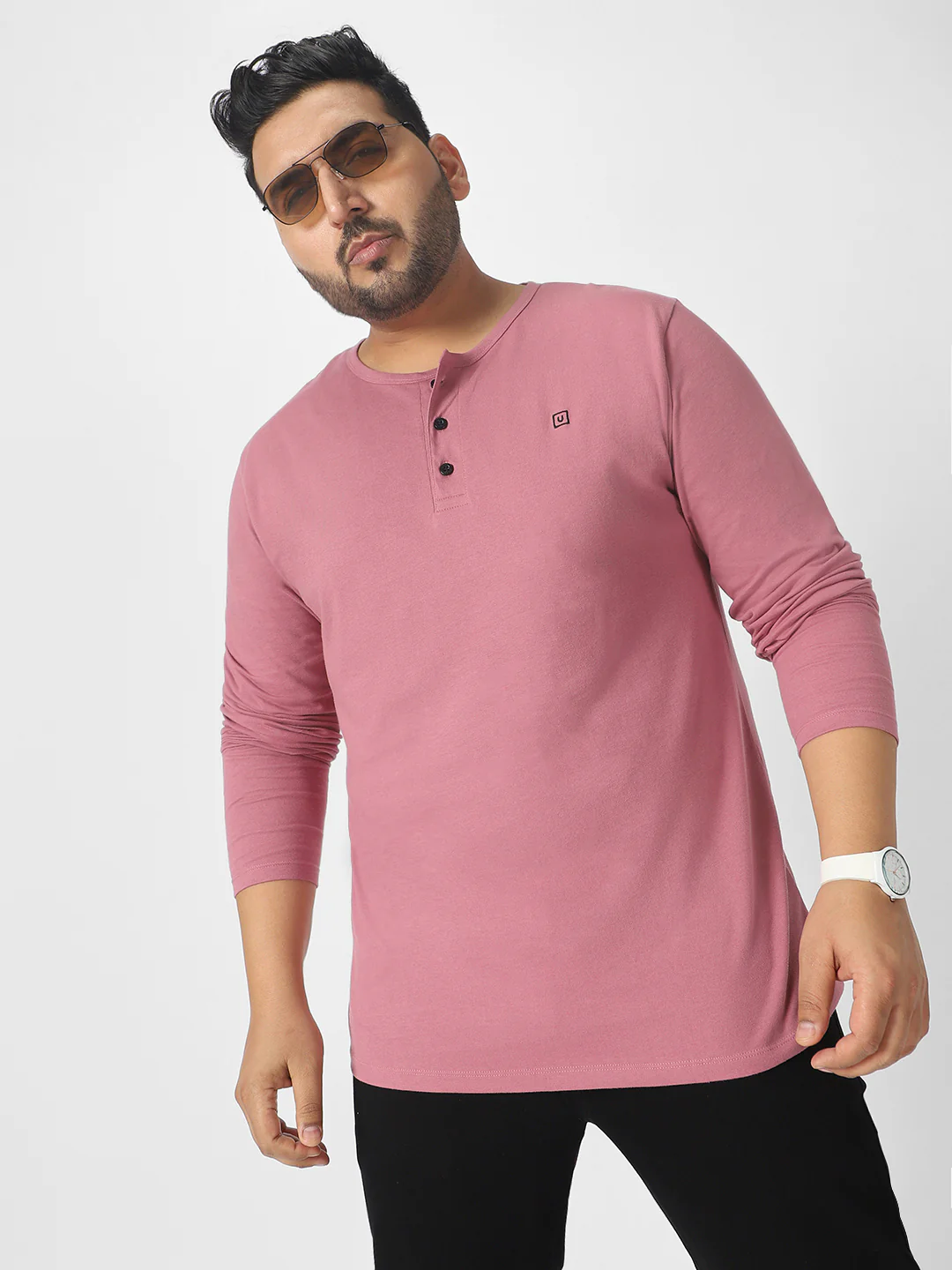 Plus Men's Lilac Solid Henley Neck Regular Fit Full Sleeve Cotton T-Shirt - Image 2
