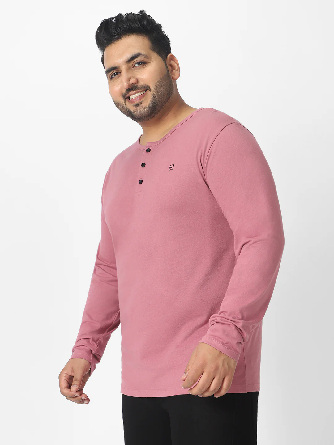 Plus Men's Lilac Solid Henley Neck Regular Fit Full Sleeve Cotton T-Shirt - Image 3