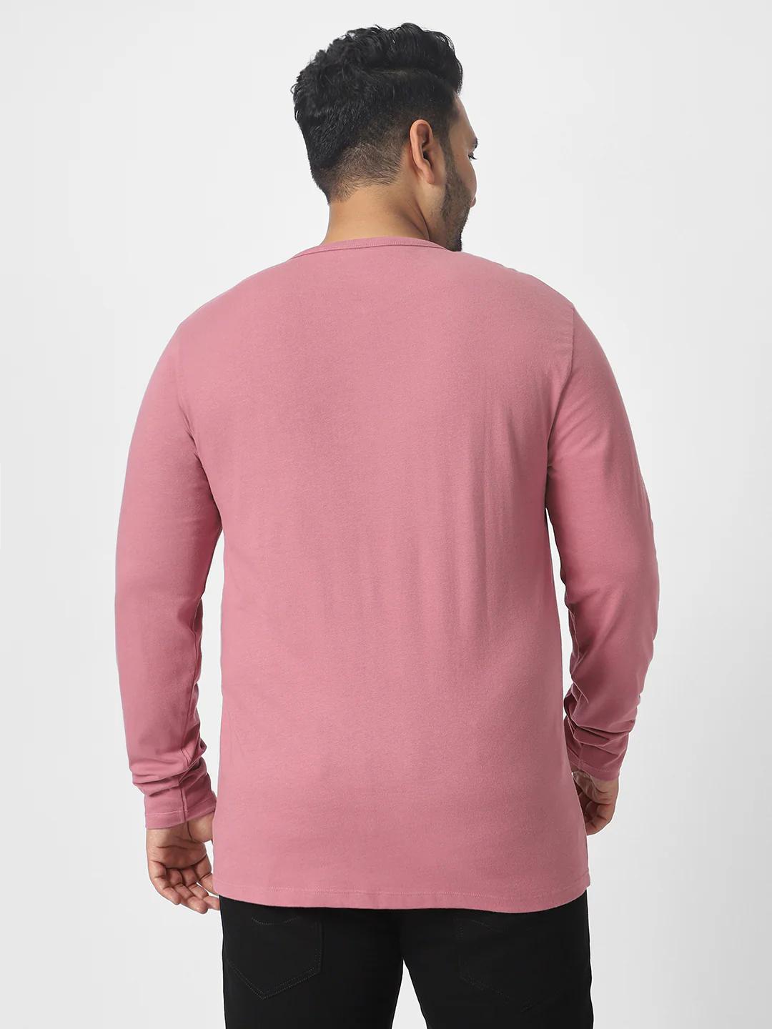 Plus Men's Lilac Solid Henley Neck Regular Fit Full Sleeve Cotton T-Shirt - Image 4