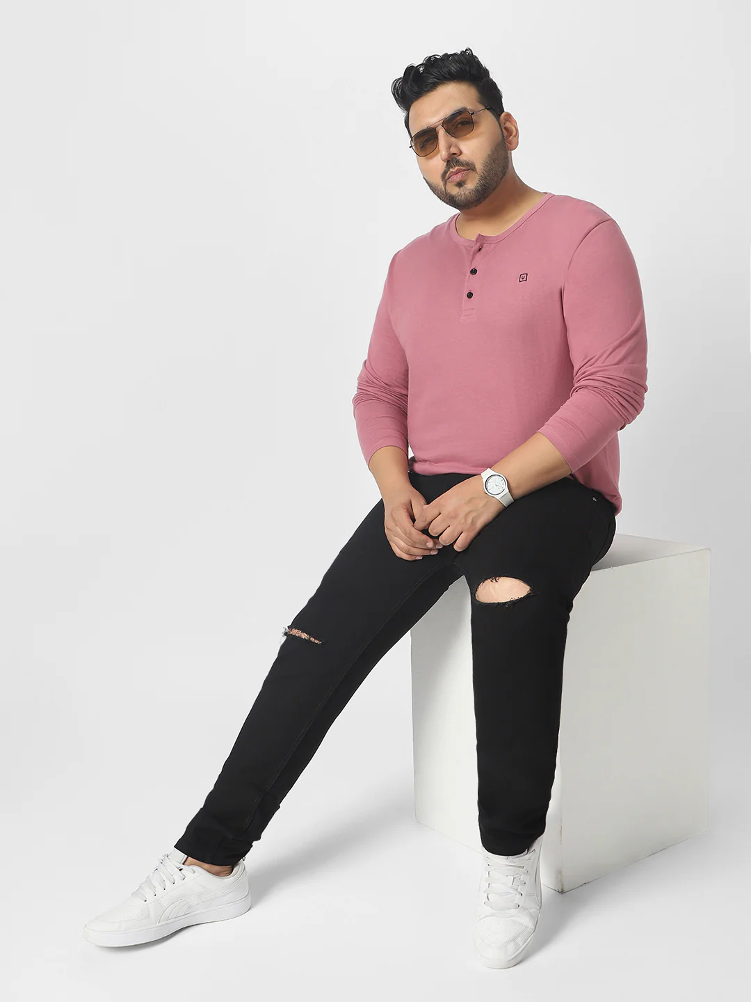 Plus Men's Lilac Solid Henley Neck Regular Fit Full Sleeve Cotton T-Shirt - Image 5