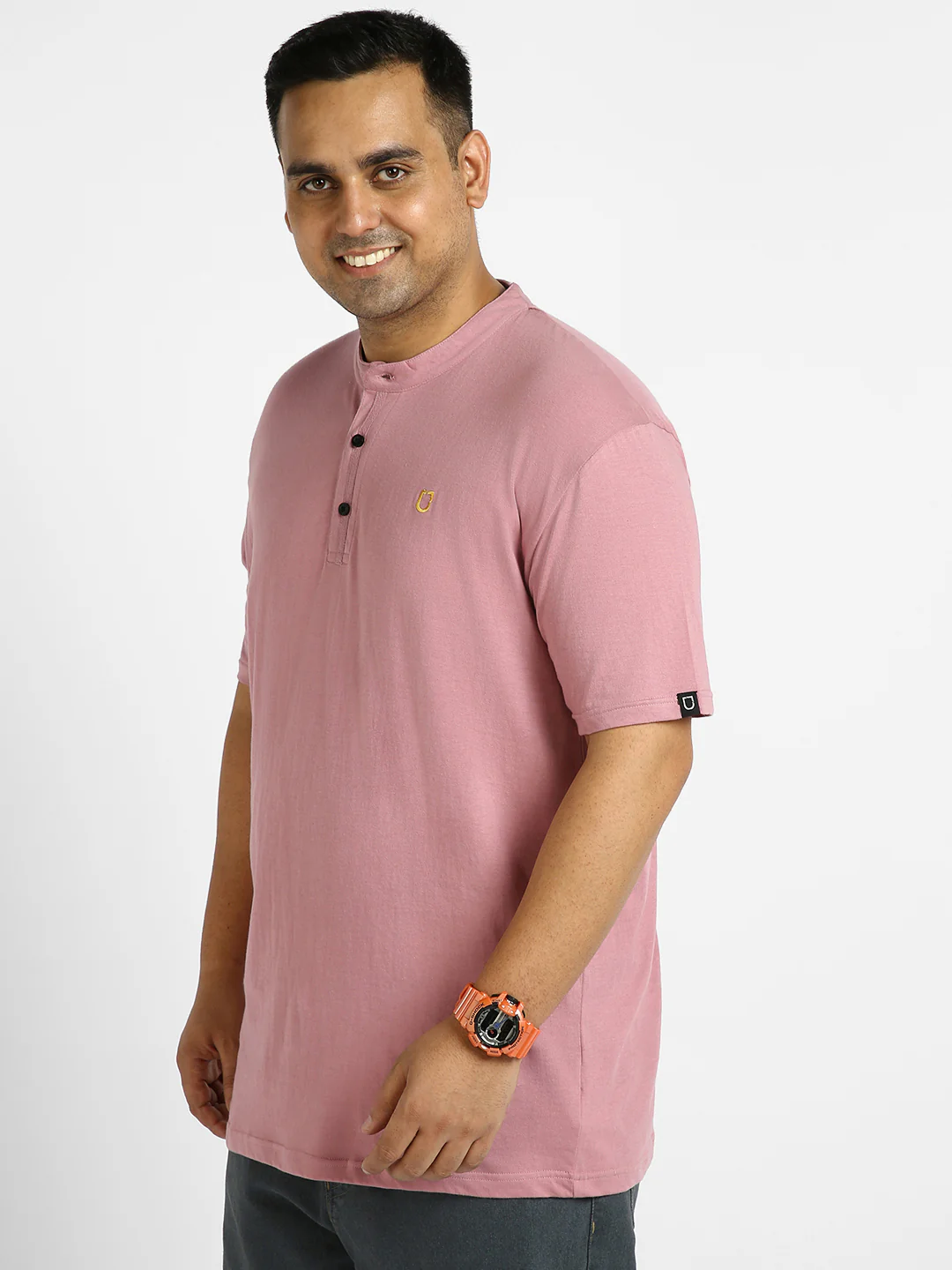 Plus Men's Lilac Solid Mandarin Collar Regular Fit Half Sleeve Cotton T-Shirt - Image 2