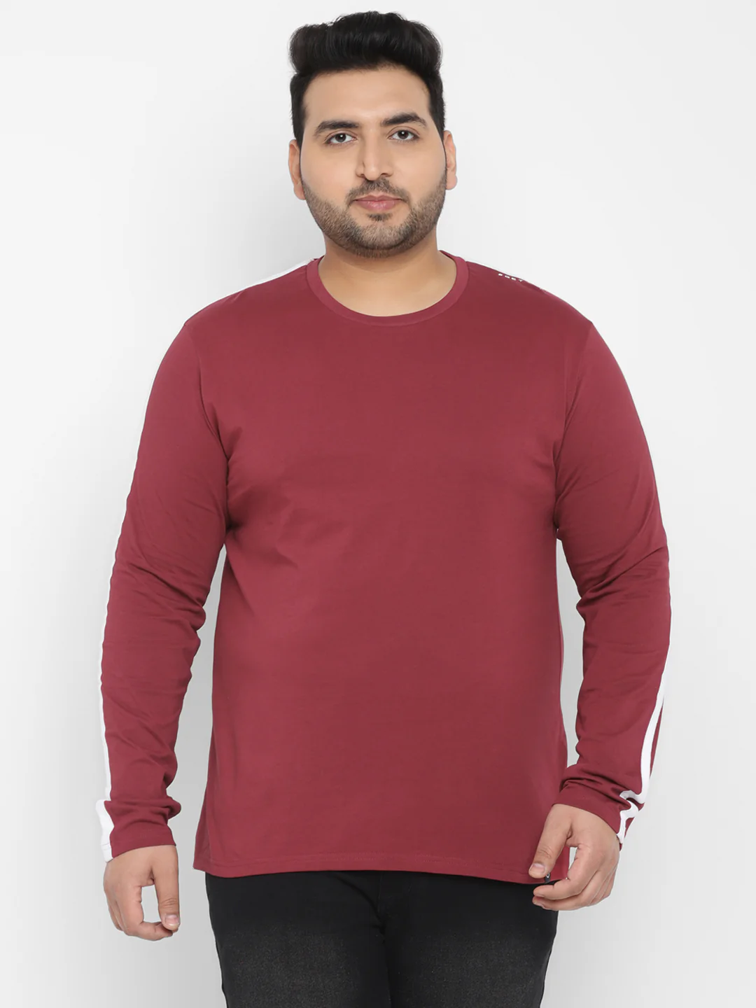 Plus Men's Maroon Color-Block Regular Fit Full Sleeve Cotton T-Shirt - Image 2