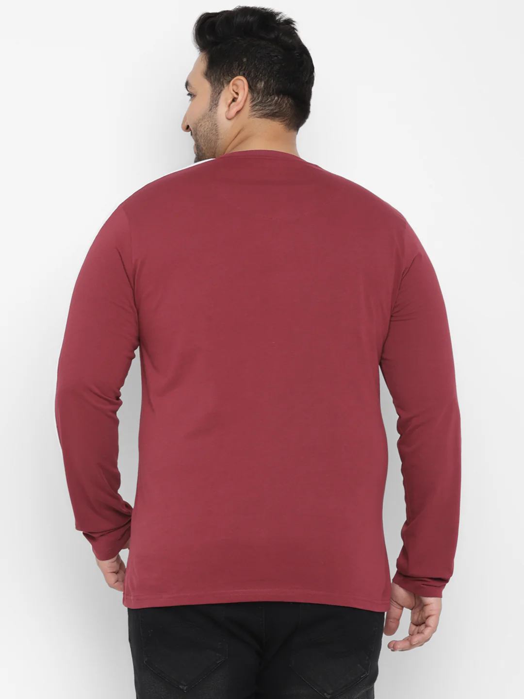 Plus Men's Maroon Color-Block Regular Fit Full Sleeve Cotton T-Shirt - Image 3