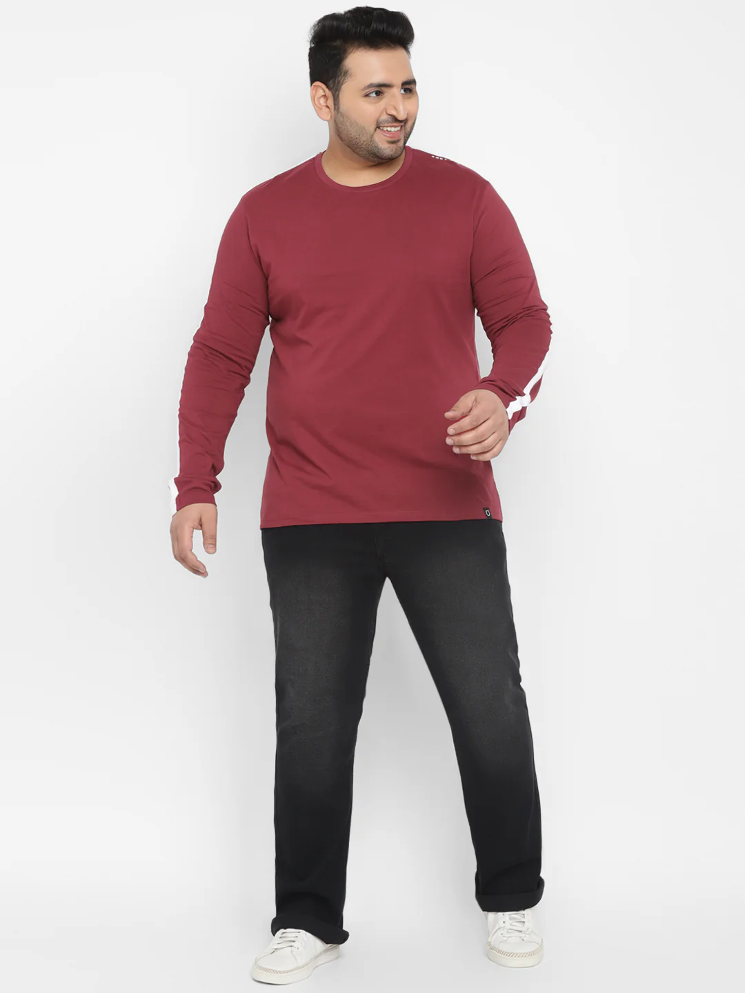 Plus Men's Maroon Color-Block Regular Fit Full Sleeve Cotton T-Shirt - Image 4