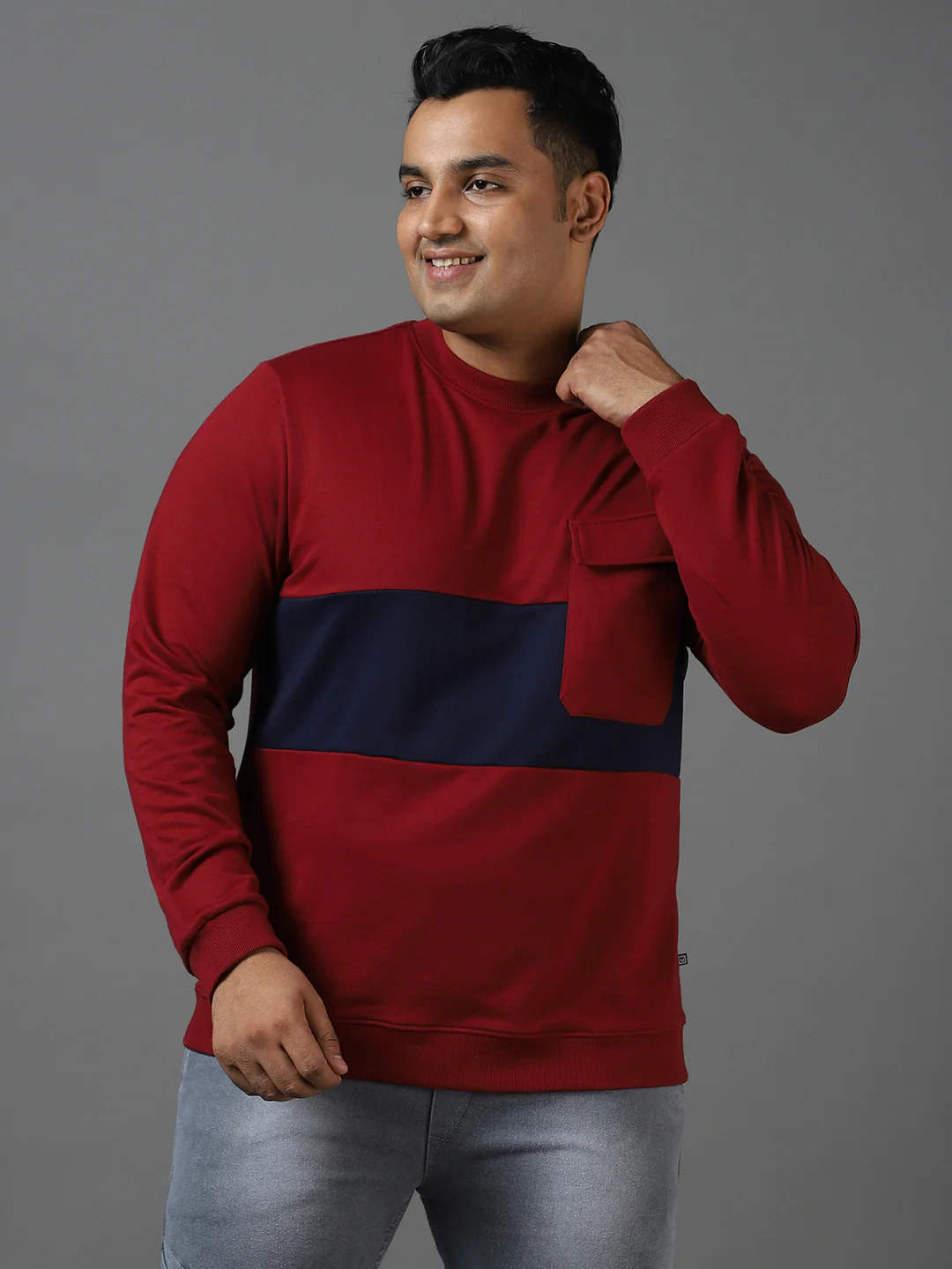 Plus Men's Maroon Cotton Color Block Round Neck Sweatshirt