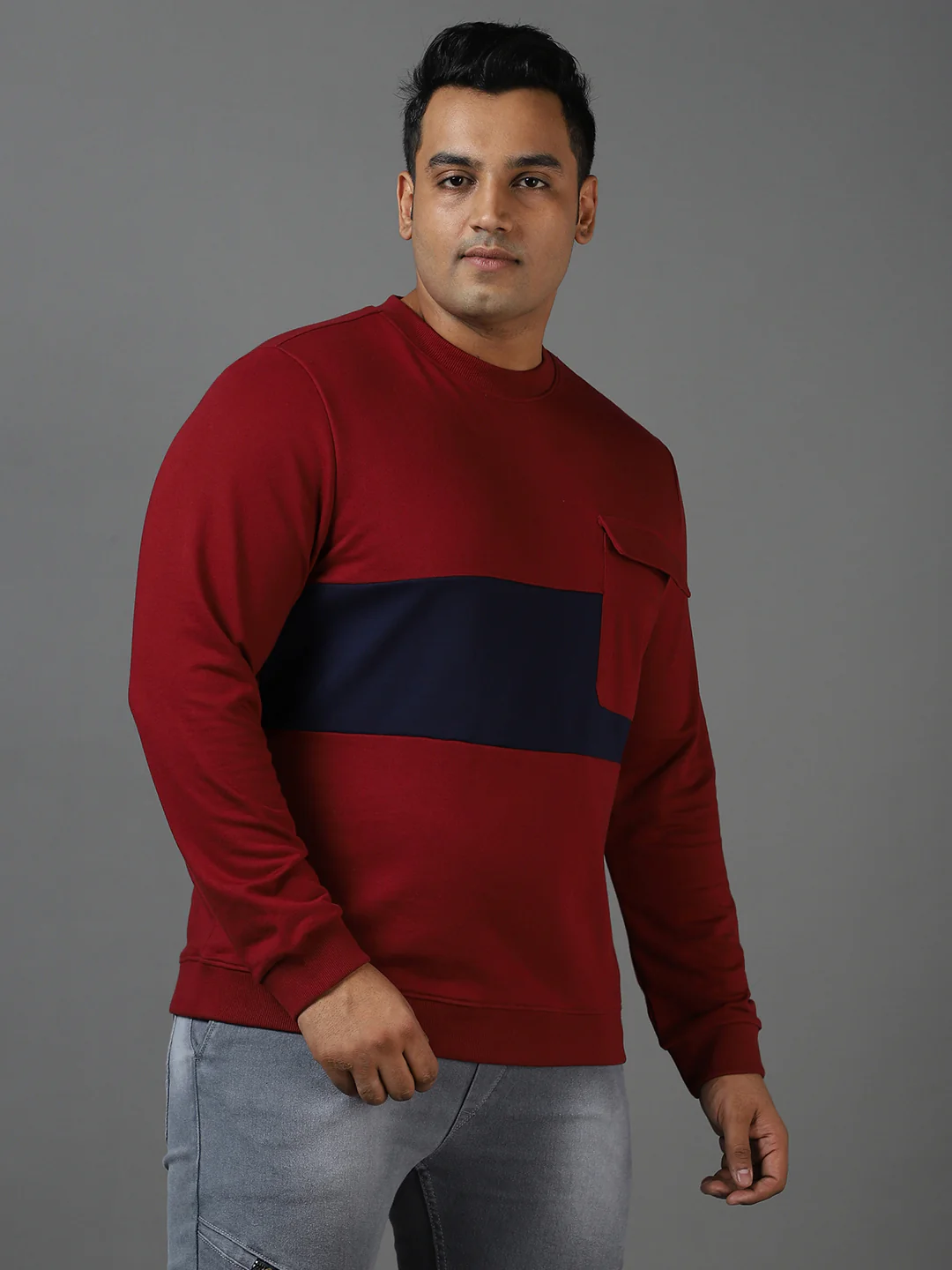 Plus Men's Maroon Cotton Color Block Round Neck Sweatshirt - Image 2