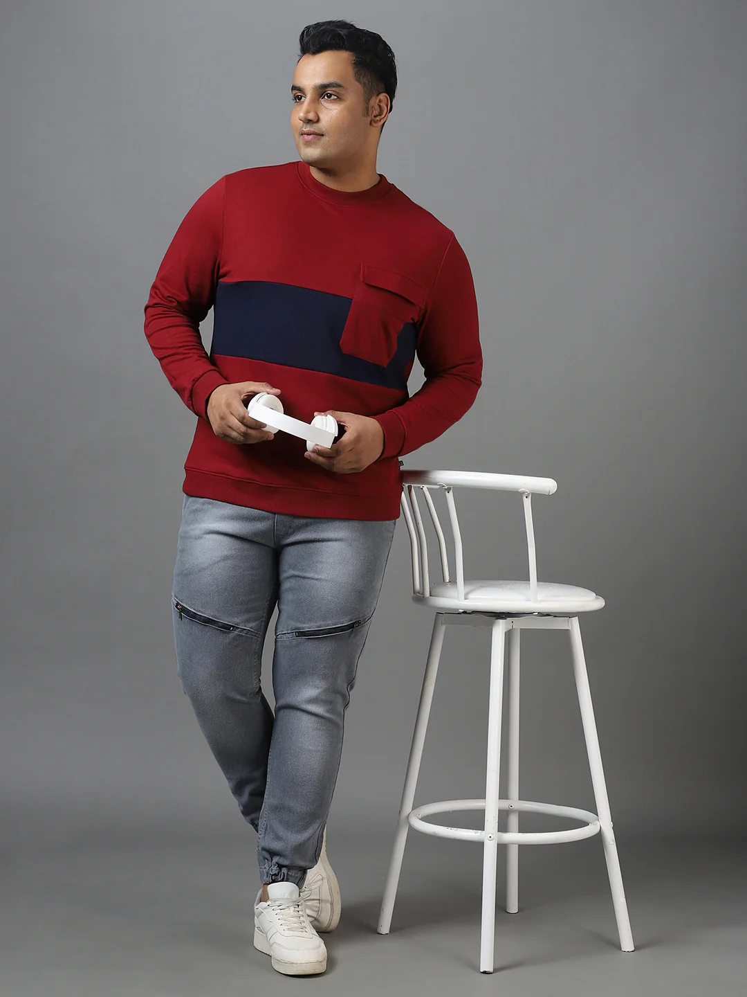 Plus Men's Maroon Cotton Color Block Round Neck Sweatshirt - Image 4
